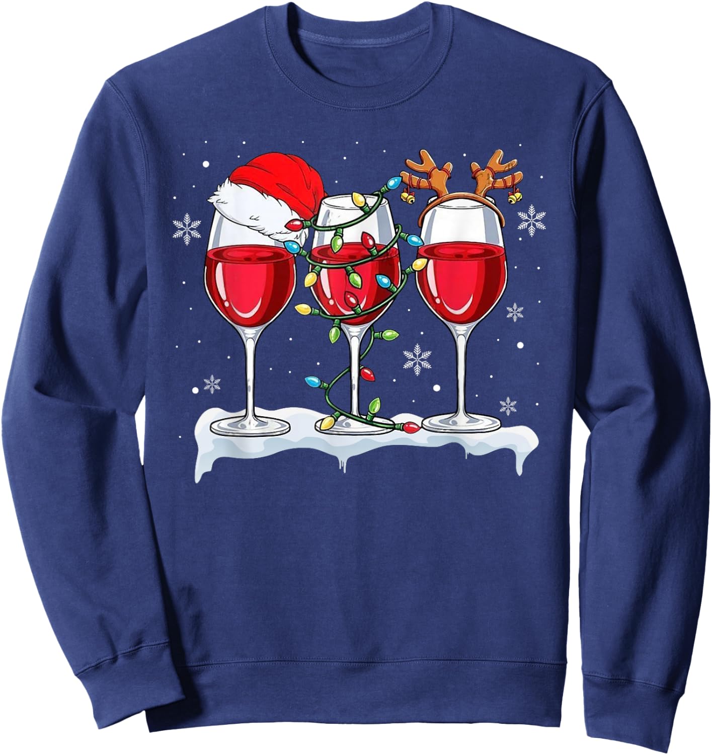 Three Wine Glasses Santa Hat Christmas Cute Wine Lover Xmas Sweatshirt - Sweatshirt | Navy
