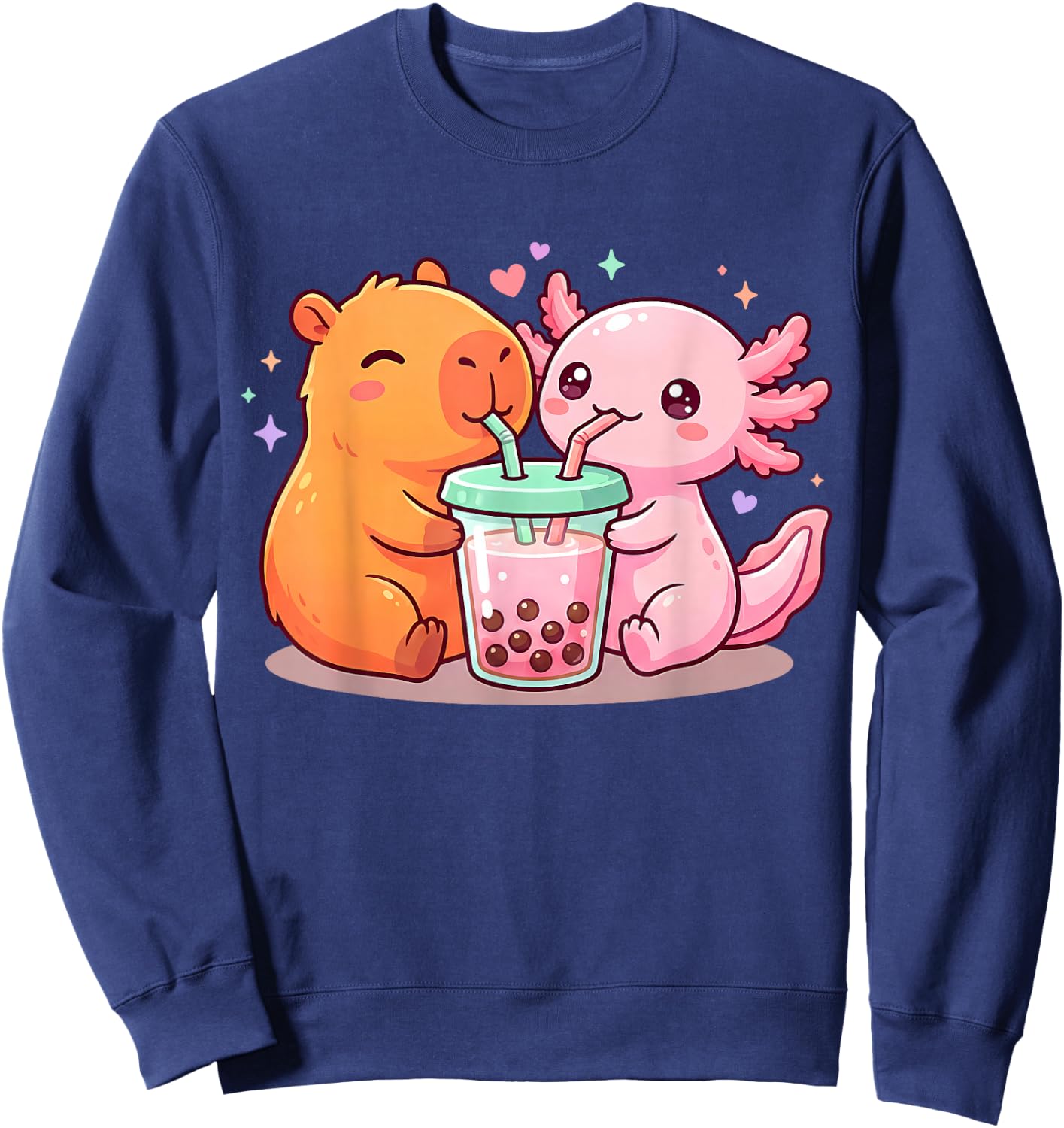 Cute Capybara and Axolotl Bubble Tea Boba Girls Kawaii Anime Sweatshirt - Sweatshirt | Navy