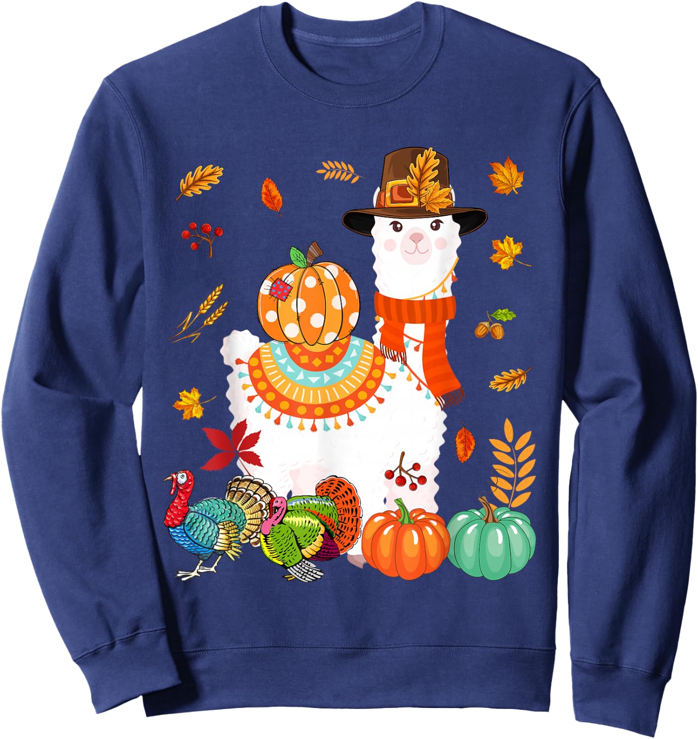 Thanksgiving Llama With Turkey Fall Pumpkins Lover Farmer Sweatshirt - Sweatshirt | Navy