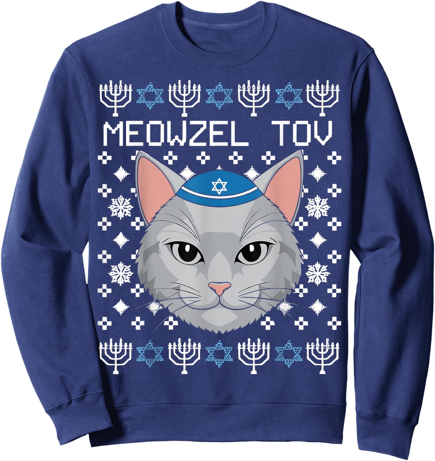 Meowzel Tov Ugly Hanukkah Chanukah Jewish Sweatshirt - Sweatshirt | Navy