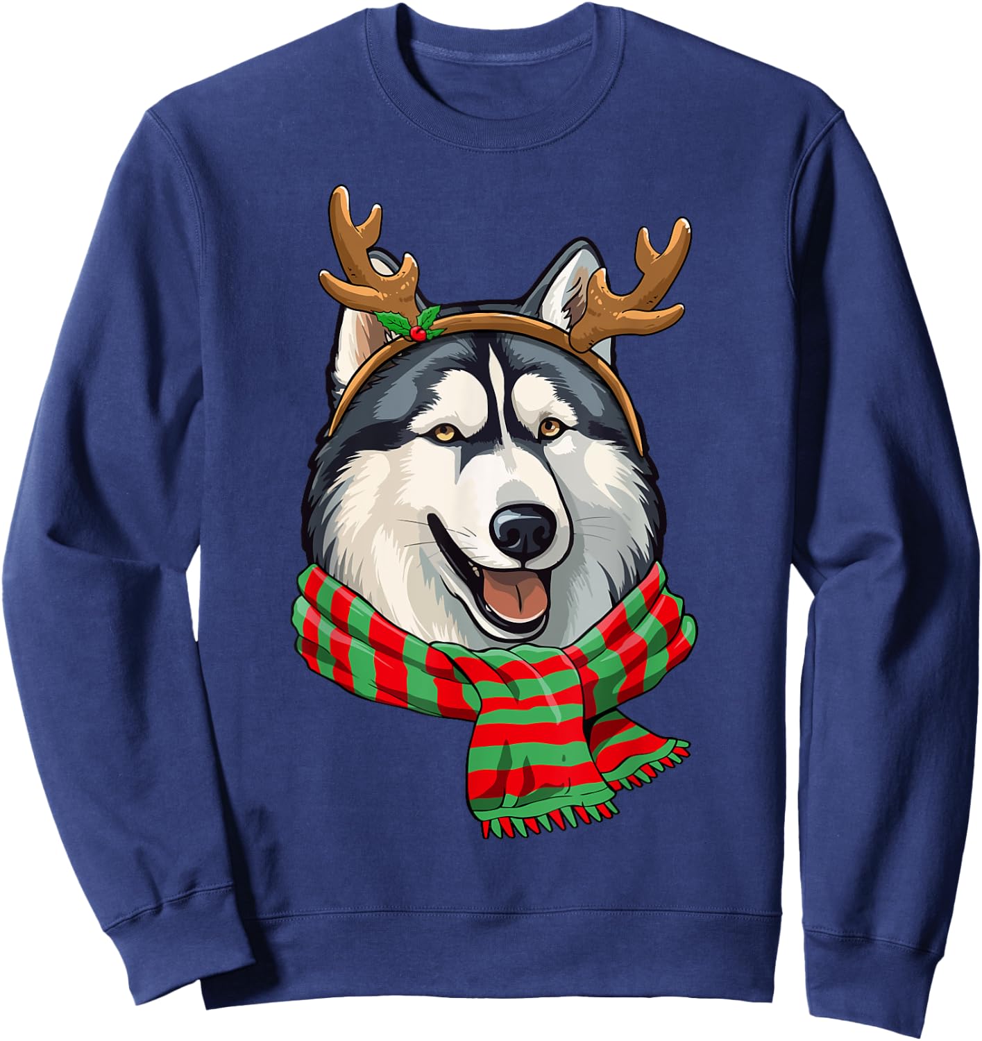 Siberian Husky Dog Christmas Reindeer Santa Hat Funny Xmas Women Kids Sweatshirt - Sweatshirt | Navy