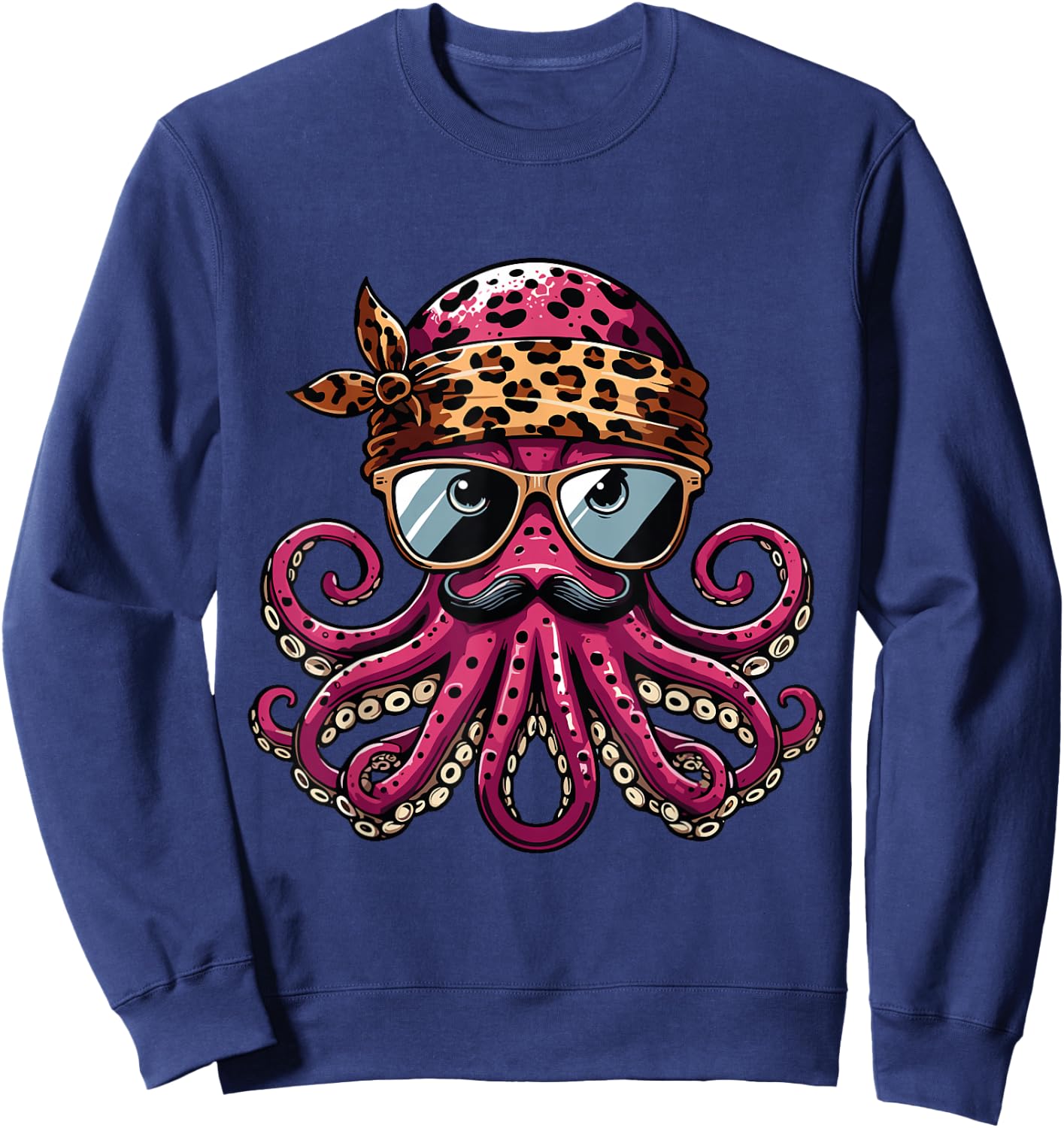 Octopus Wearing Leopard Print Scarf Cute Sunglasses Shades Sweatshirt - Sweatshirt | Navy