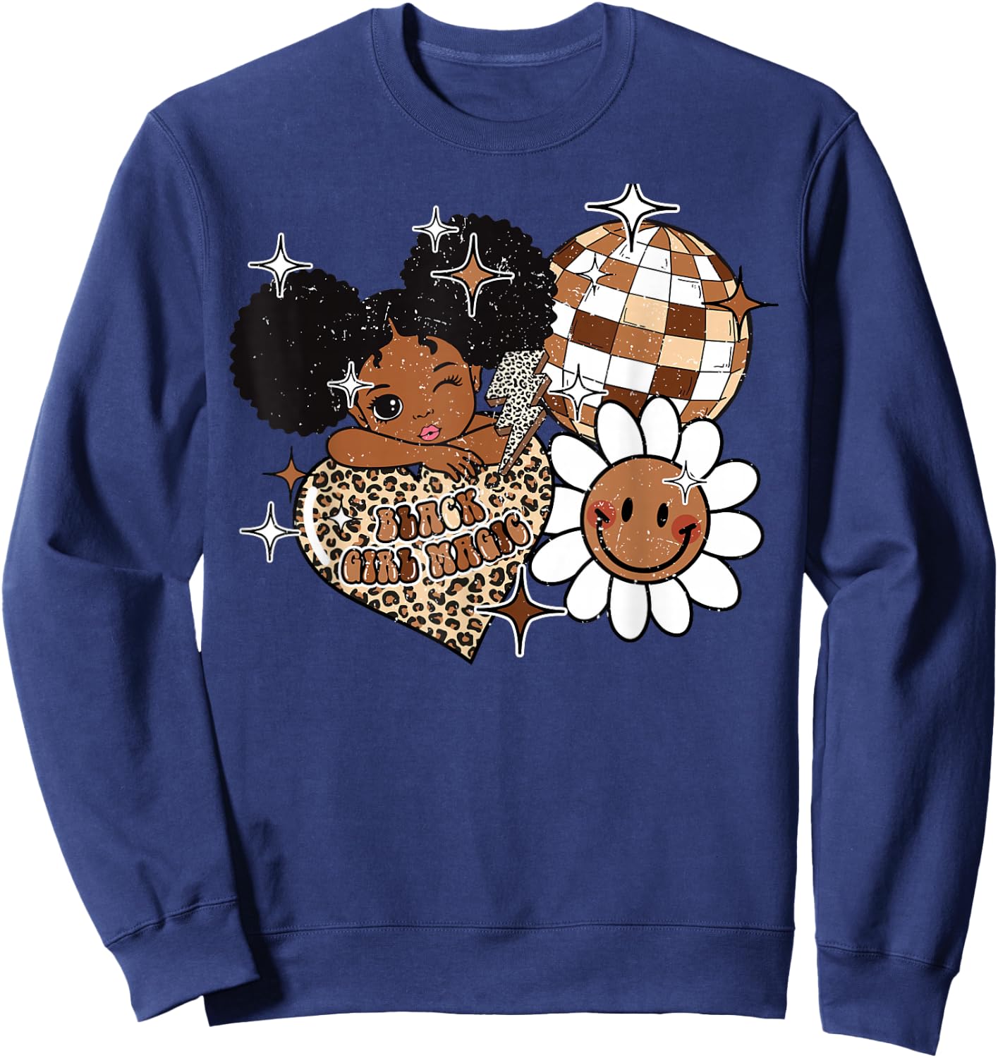 Kids Black Girl Magic Melanin History Girls Afro Puffs Retro Sweatshirt - Sweatshirt | Navy