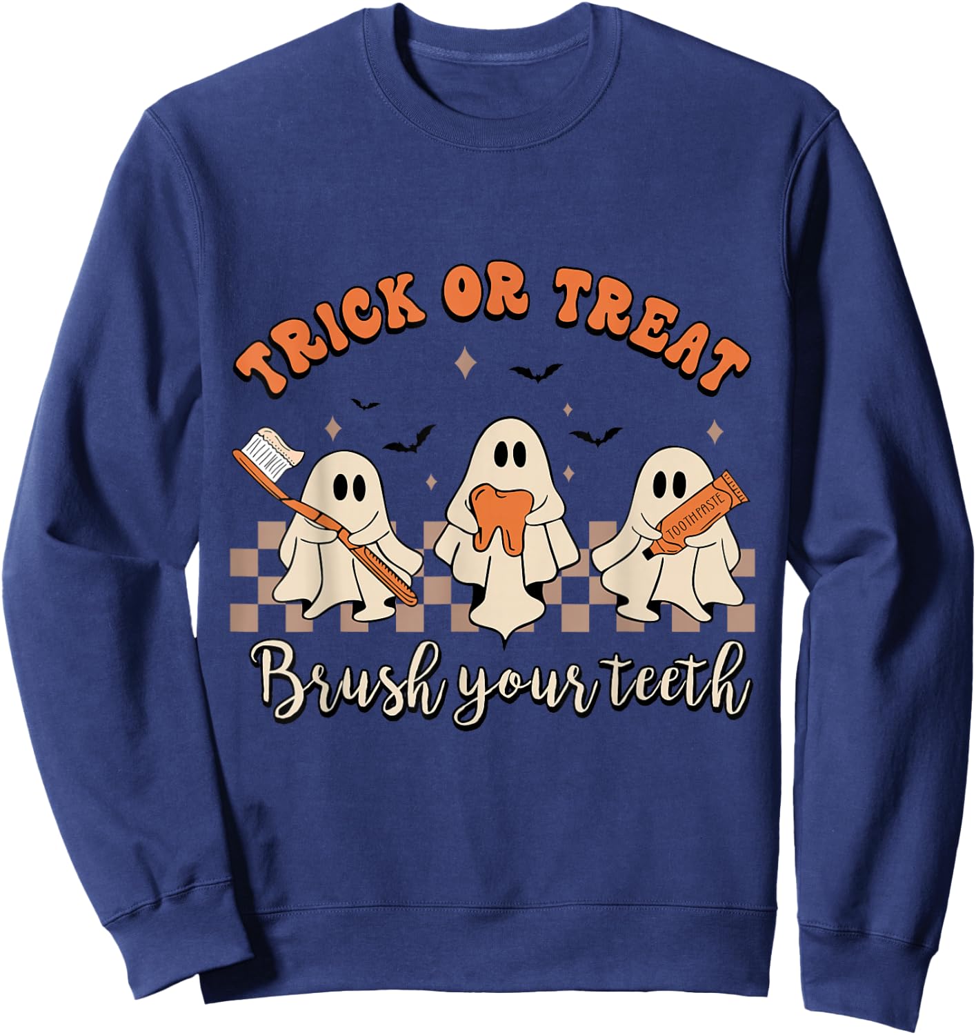 Trick Or Treat Brush Your Teeth Retro Halloween Cute Dentist Sweatshirt - Sweatshirt | Navy