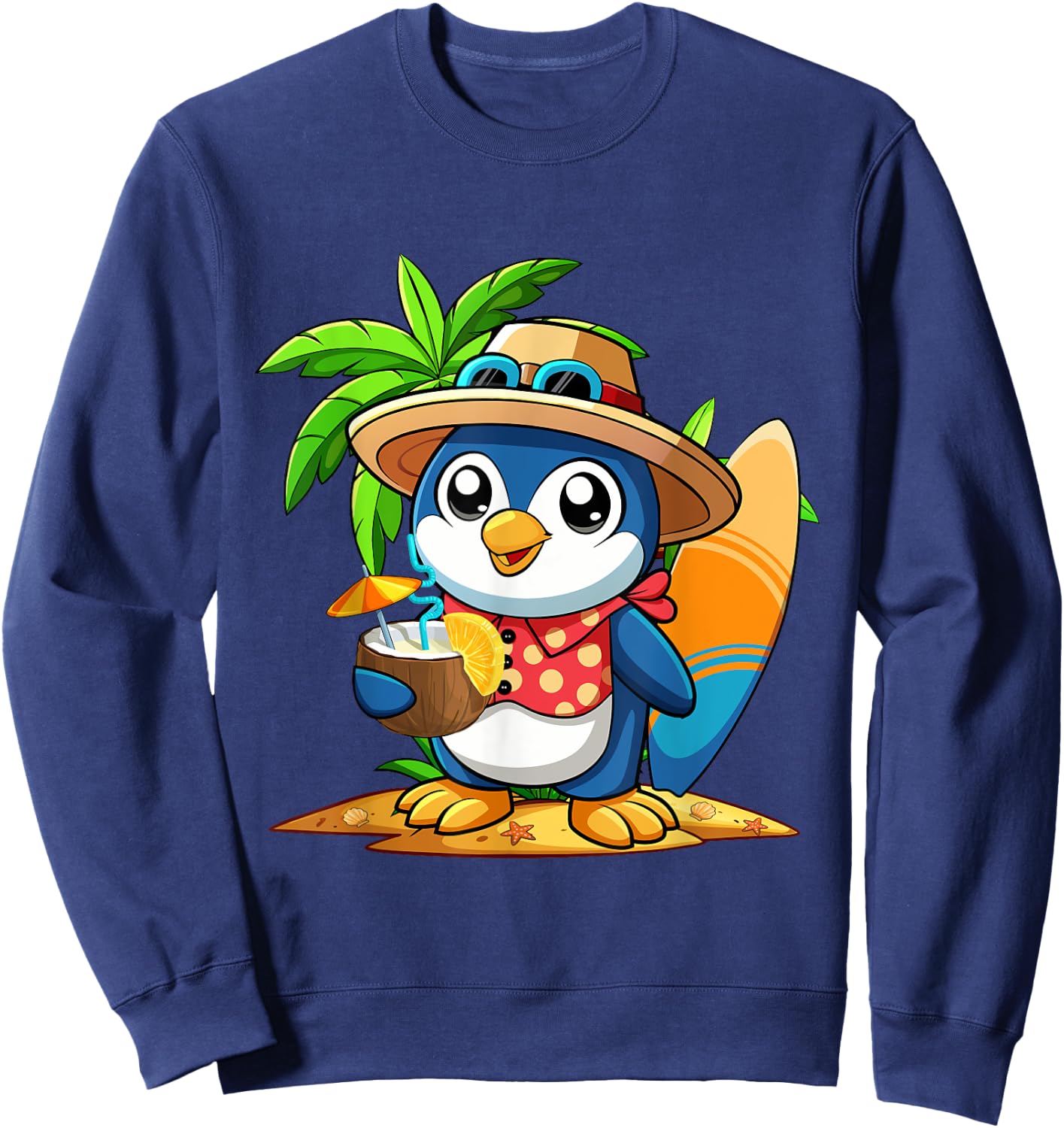 Cute Penguin Drinking Coconut Hawaiian Summer Vacation Men Women Kids Sweatshirt - Sweatshirt | Navy