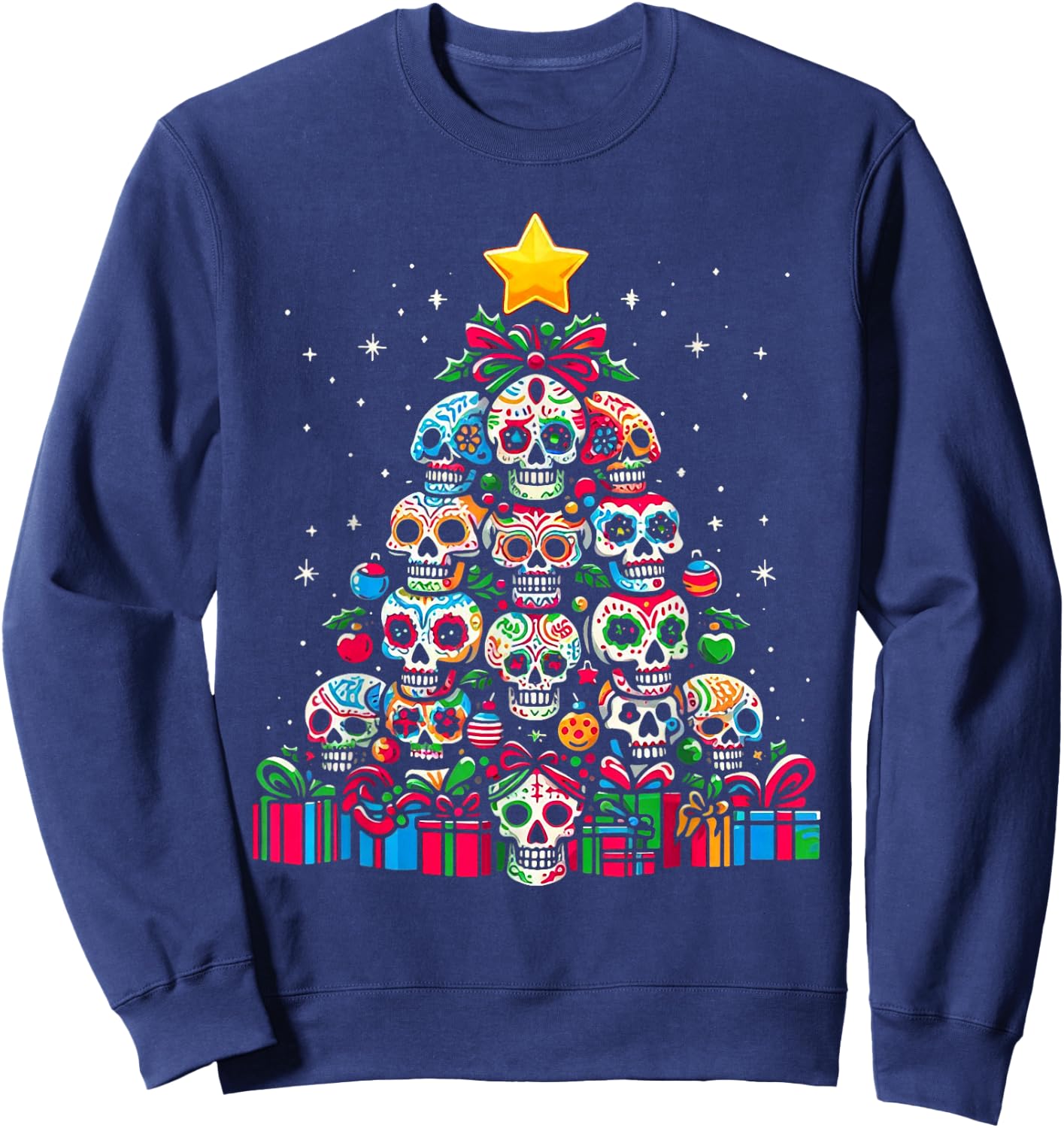 Skull Christmas Tree Funny Mexican Flower Sugar Skull Xmas Sweatshirt - Sweatshirt | Navy