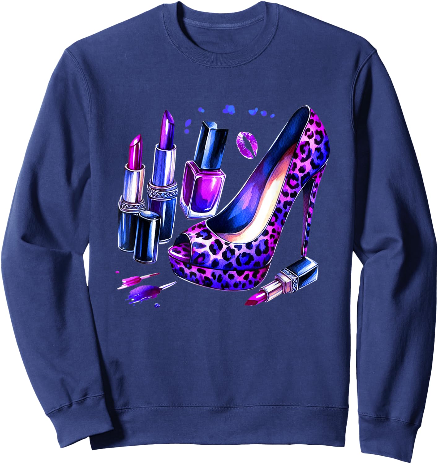Purple Leopard Pattern High Heel Shoes Lipstick Nail Polish Sweatshirt - Sweatshirt | Navy