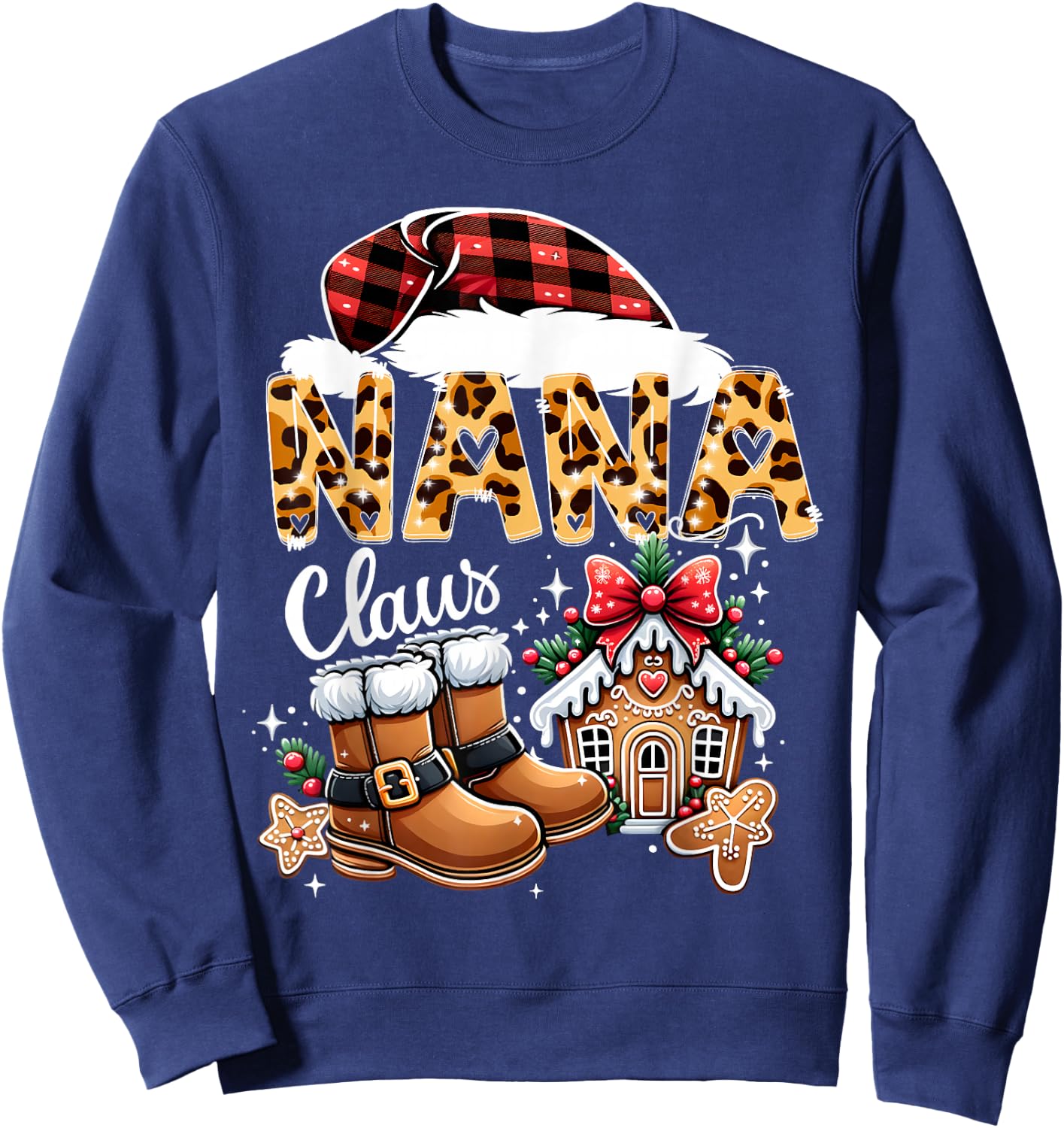Christmas Nana Claus Grandma Leopard Buffalo Plaid Pjs Xmas Sweatshirt - Sweatshirt | Navy