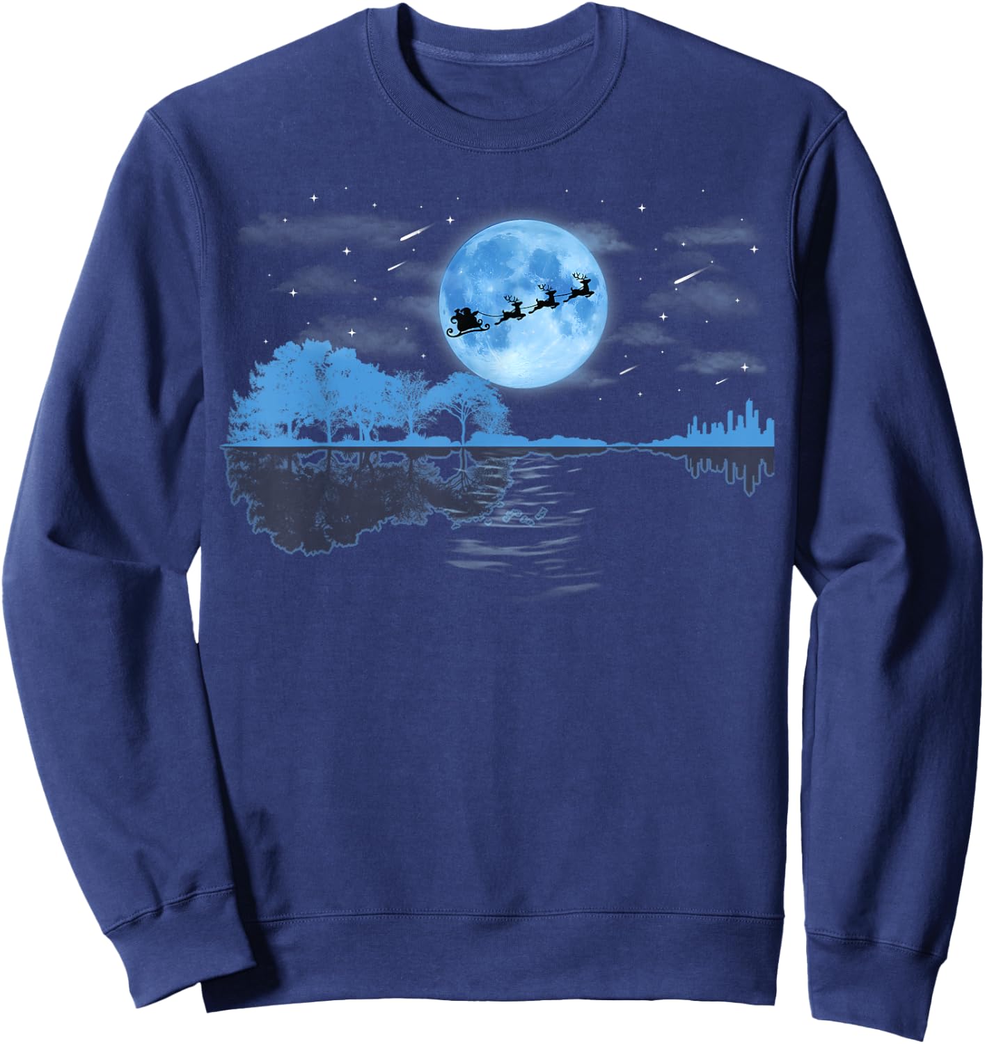 Christmas Guitar Lake Reflection Santa Claus Musician Guitar Sweatshirt - Sweatshirt | Navy