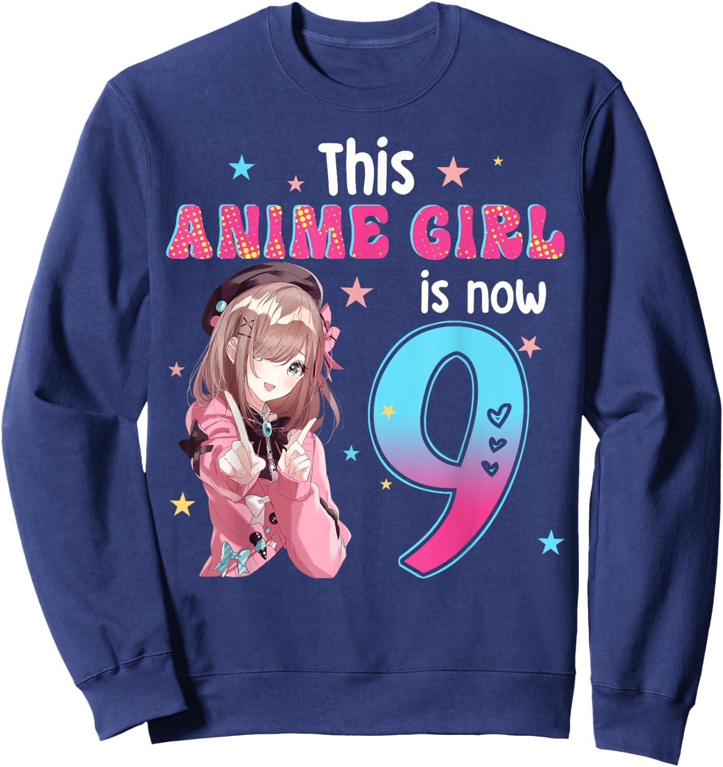 9 Years Old Girl Kawaii Gifts Anime Girl 9th Birthday Kids , black, s Sweatshirt - Sweatshirt | Navy