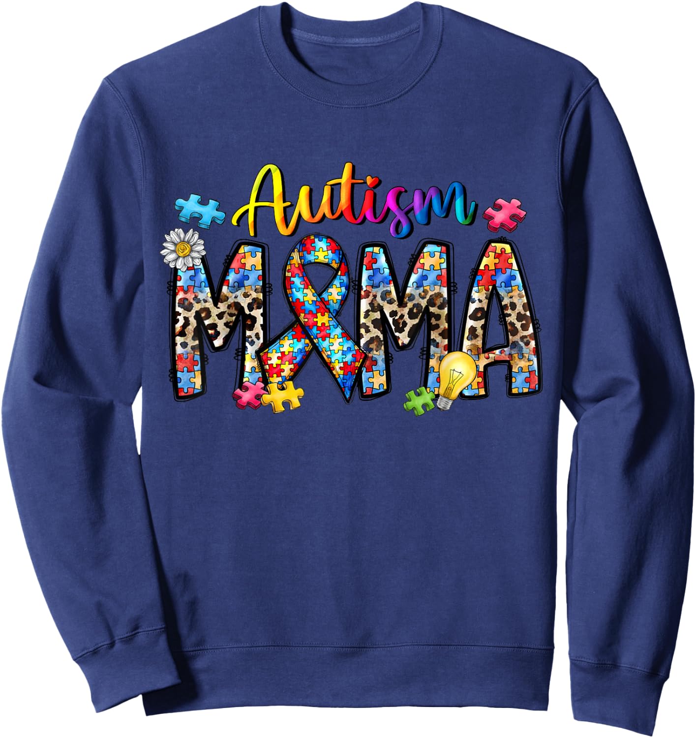 Autism Mama Ribbon Awesome Leopard Autism Mom Awareness Sweatshirt - Sweatshirt | Navy