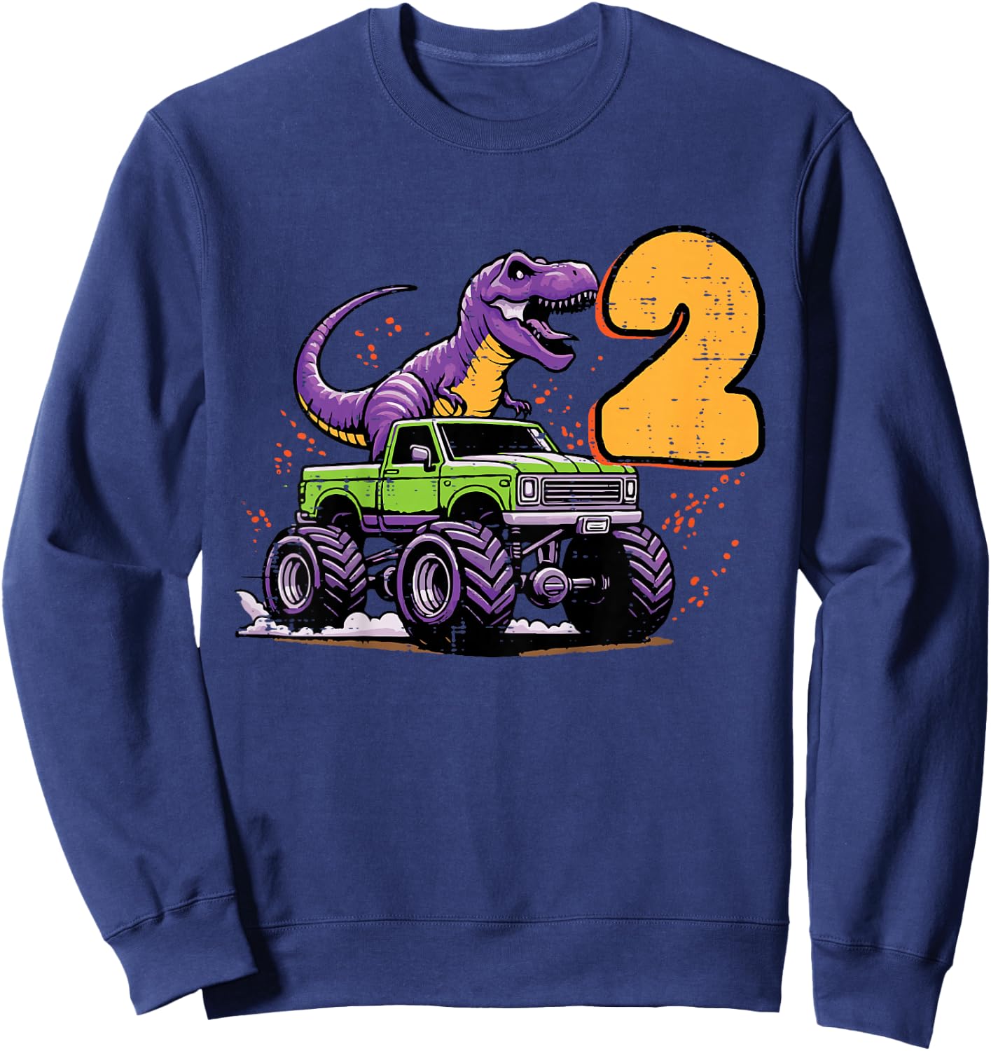 Kids 2nd Birthday Dino On Monster Truck 2 Year Old Trex Boys Kids Sweatshirt - Sweatshirt | Navy