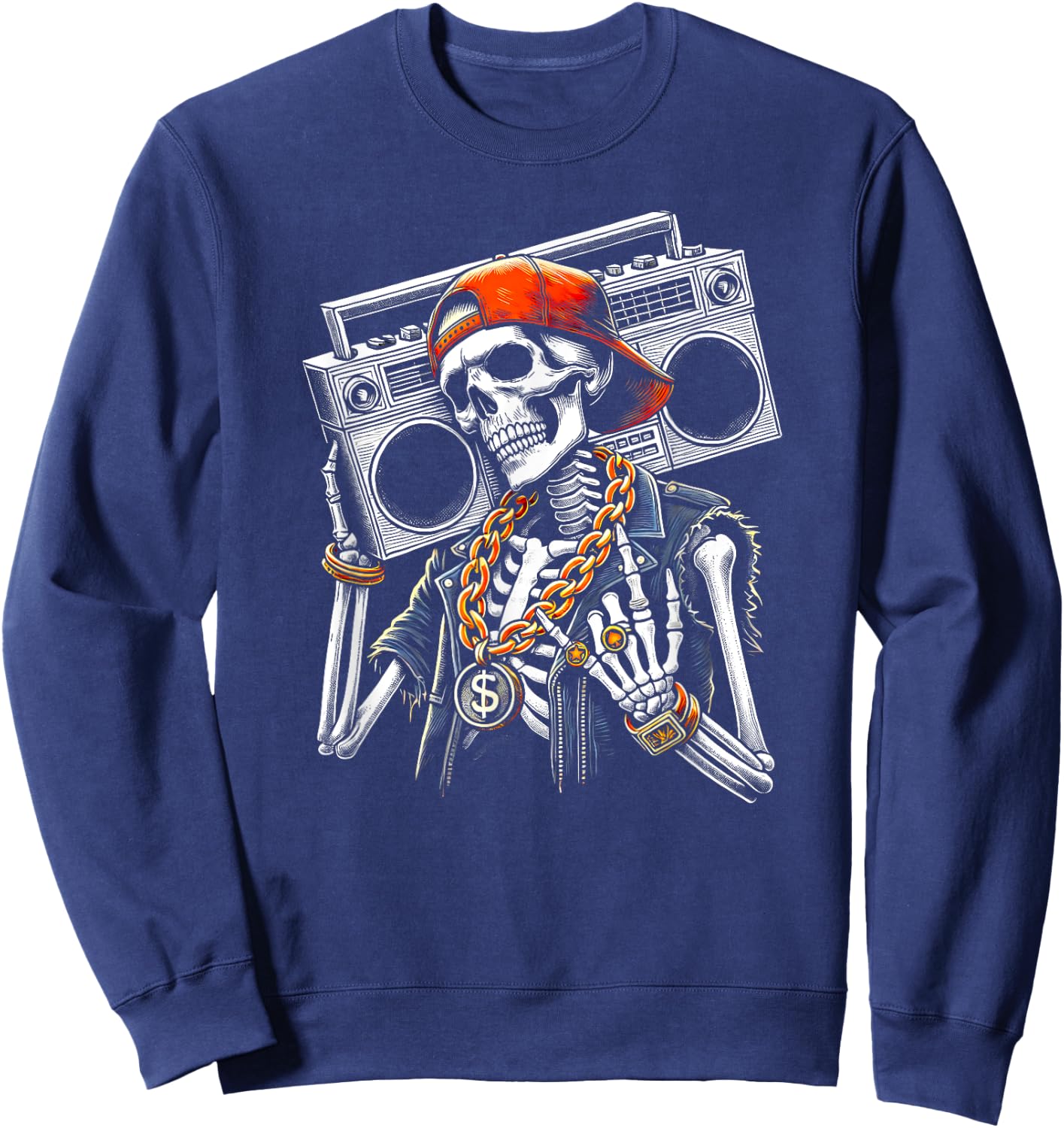 Skeleton Rocker Hand Horn Halloween Costume Cool Rock Music Sweatshirt - Sweatshirt | Navy
