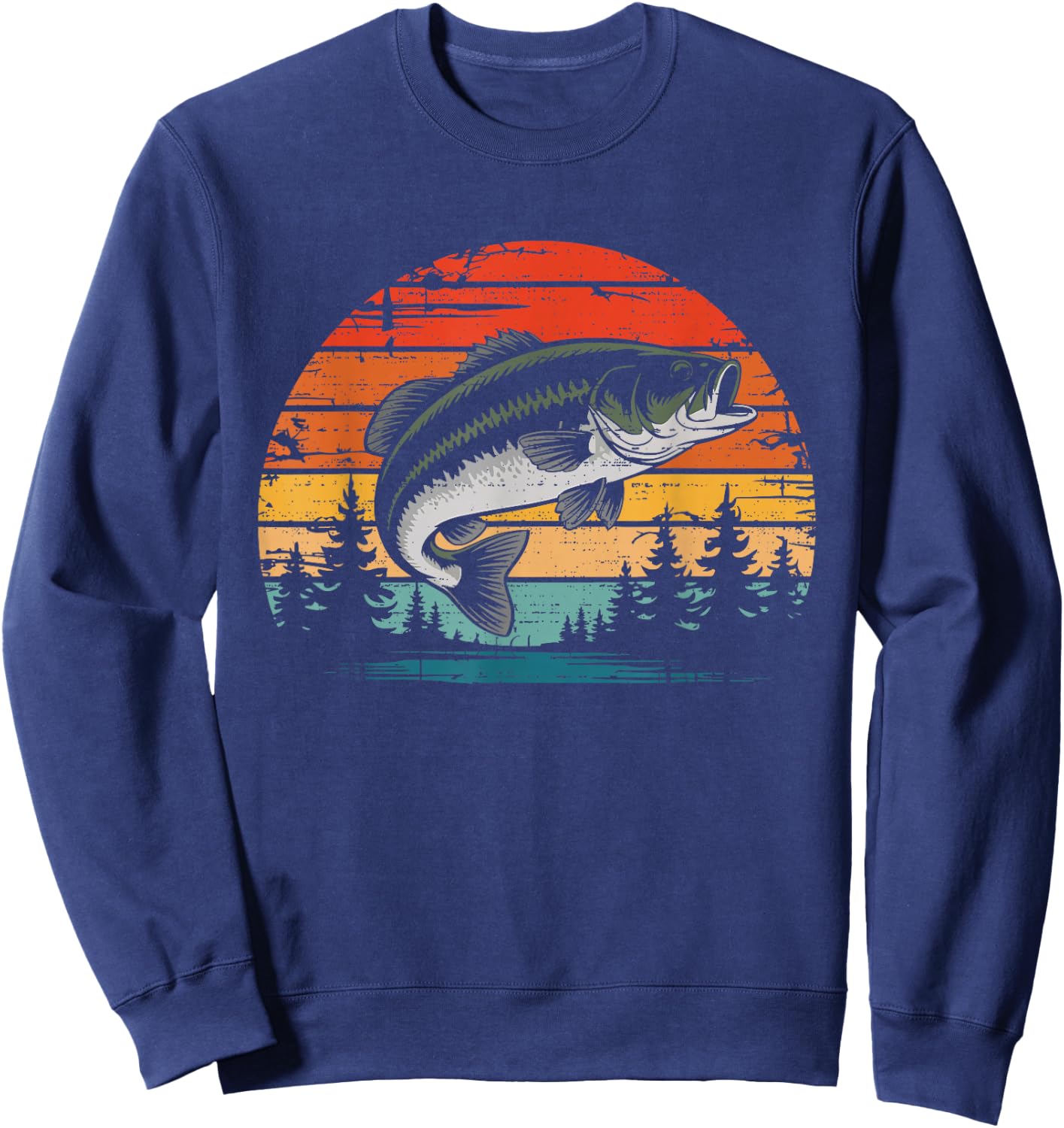 Retro Vintage Sunset Bass Fish Fishing Fisherman Fish Lover Sweatshirt - Sweatshirt | Navy