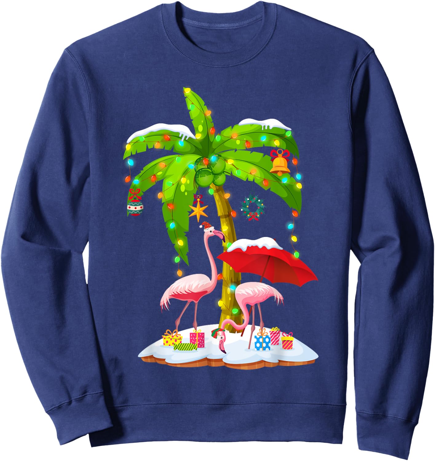 Flamingo Santa hat Palm tree Merry Christmas lights Sweatshirt - Sweatshirt | Navy