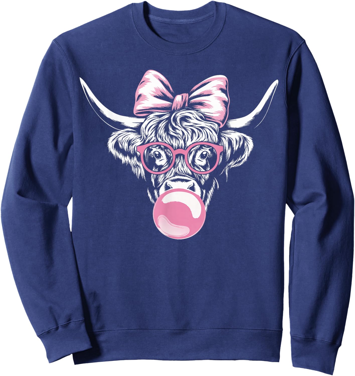 Highland Cow Wearing Glasses and Blowing Pink Bubble Gum Sweatshirt - Sweatshirt | Navy