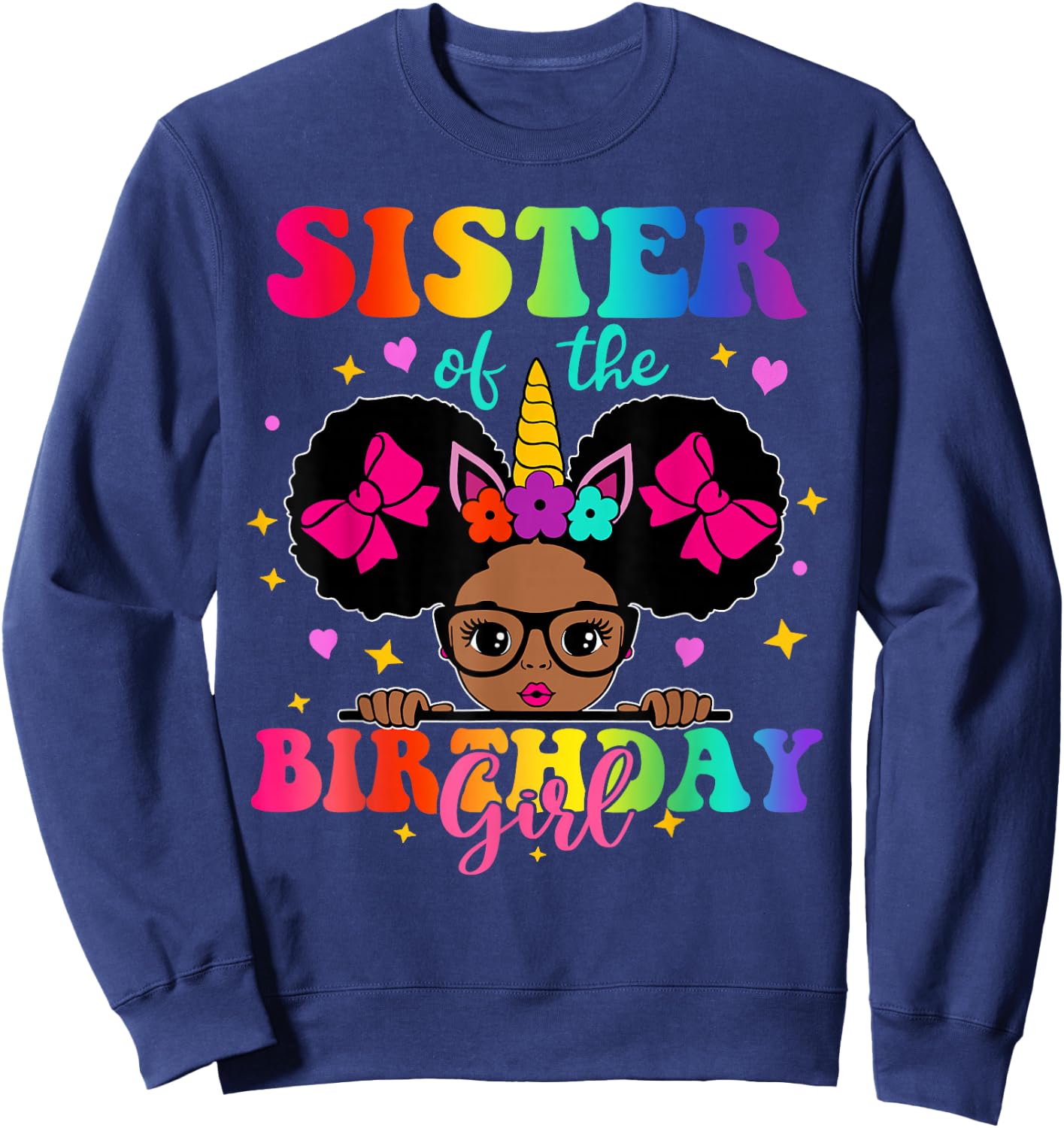 Sister of The Birthday Girl Princess Afro Melanin Unicorn Sweatshirt - Sweatshirt | Navy