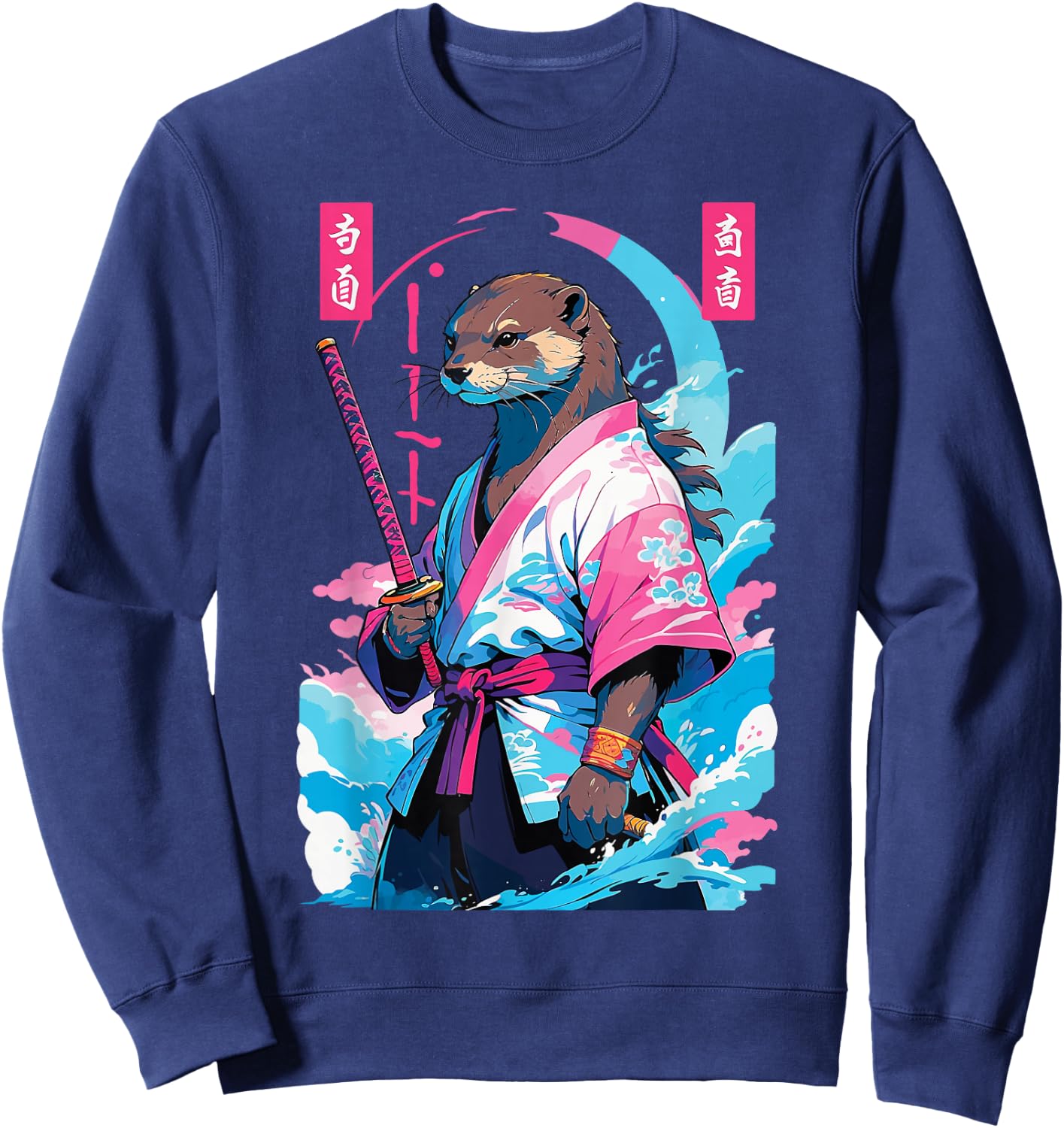 Samurai Otter in Aesthetic Vaporwave Style Sweatshirt - Sweatshirt | Navy