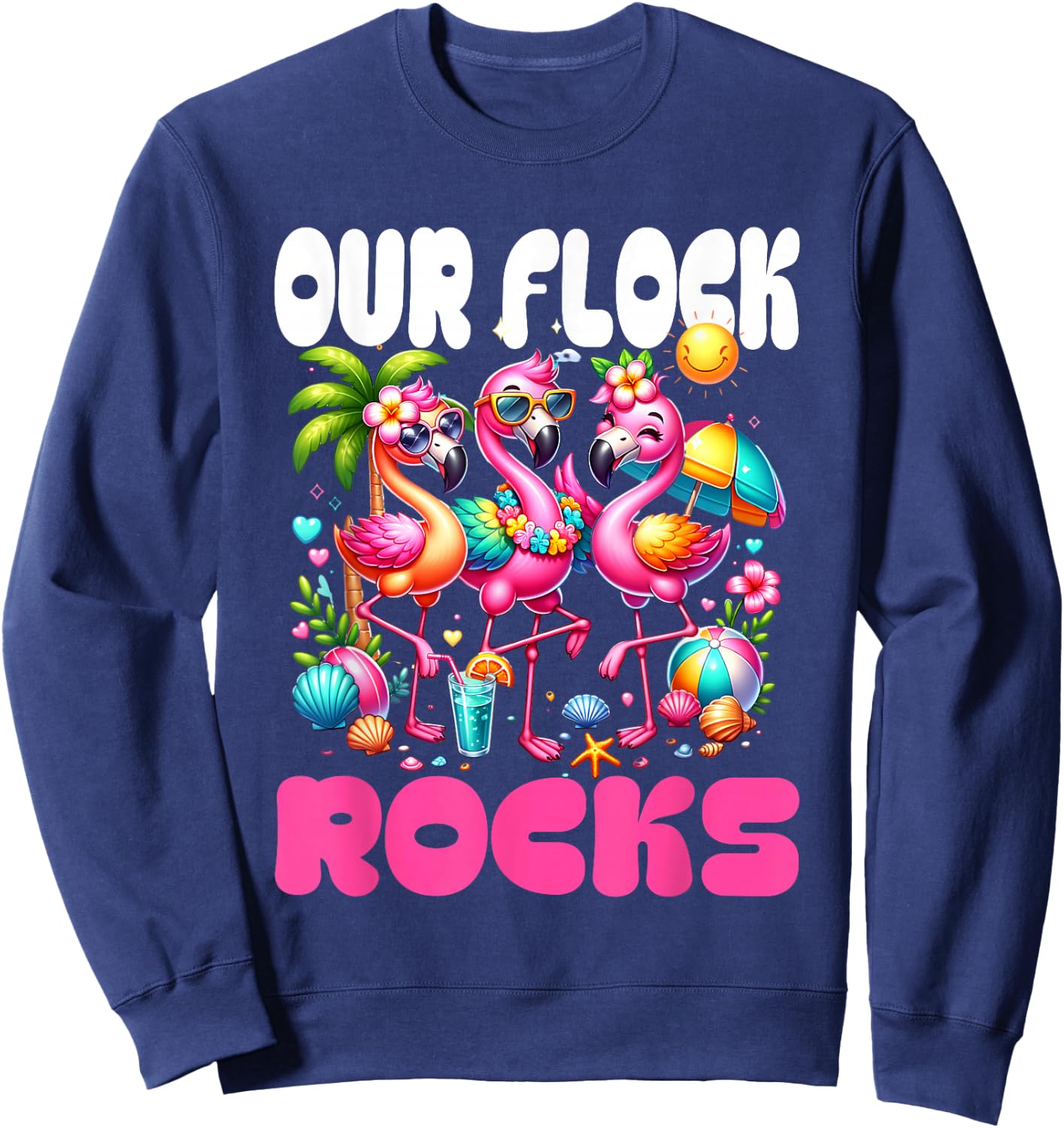 Our Flock Rocks Flamingo Summer Vacation Family Matching Sweatshirt - Sweatshirt | Navy