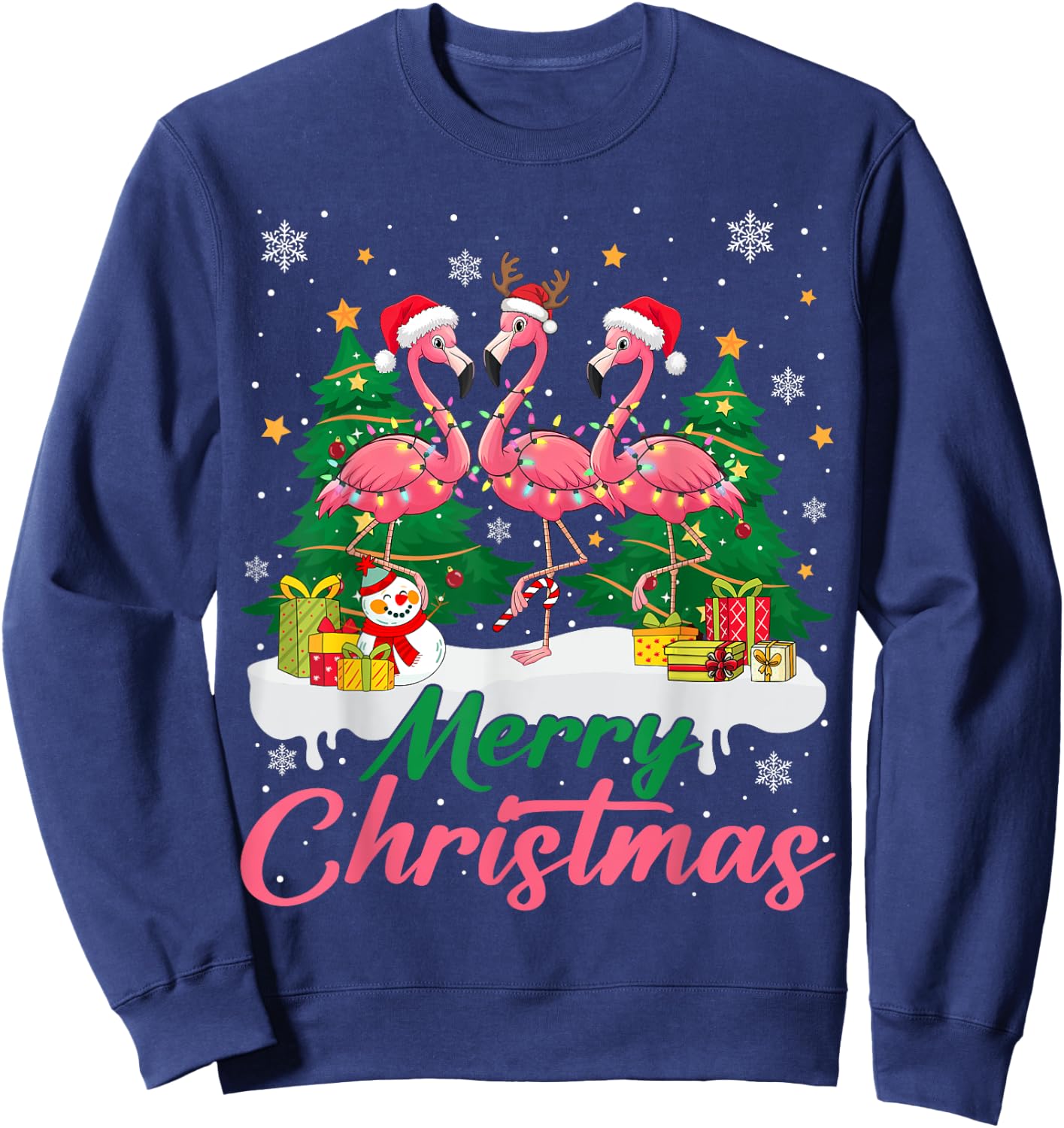 Flamingo Light Christmas Snow Merry Christmas Tree Santa Sweatshirt - Sweatshirt | Navy