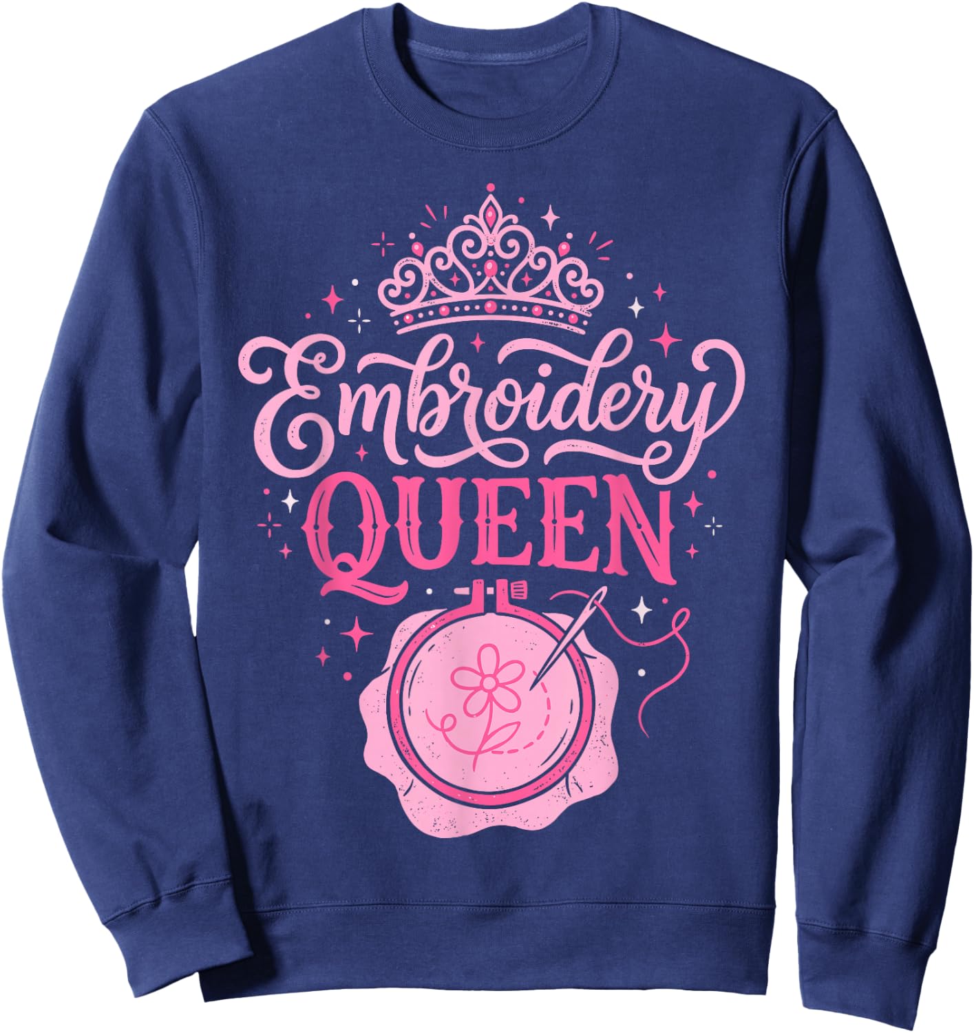 Embroidery Queen Pink Crown Hoop and Needle Aesthetic Sweatshirt - Sweatshirt | Navy