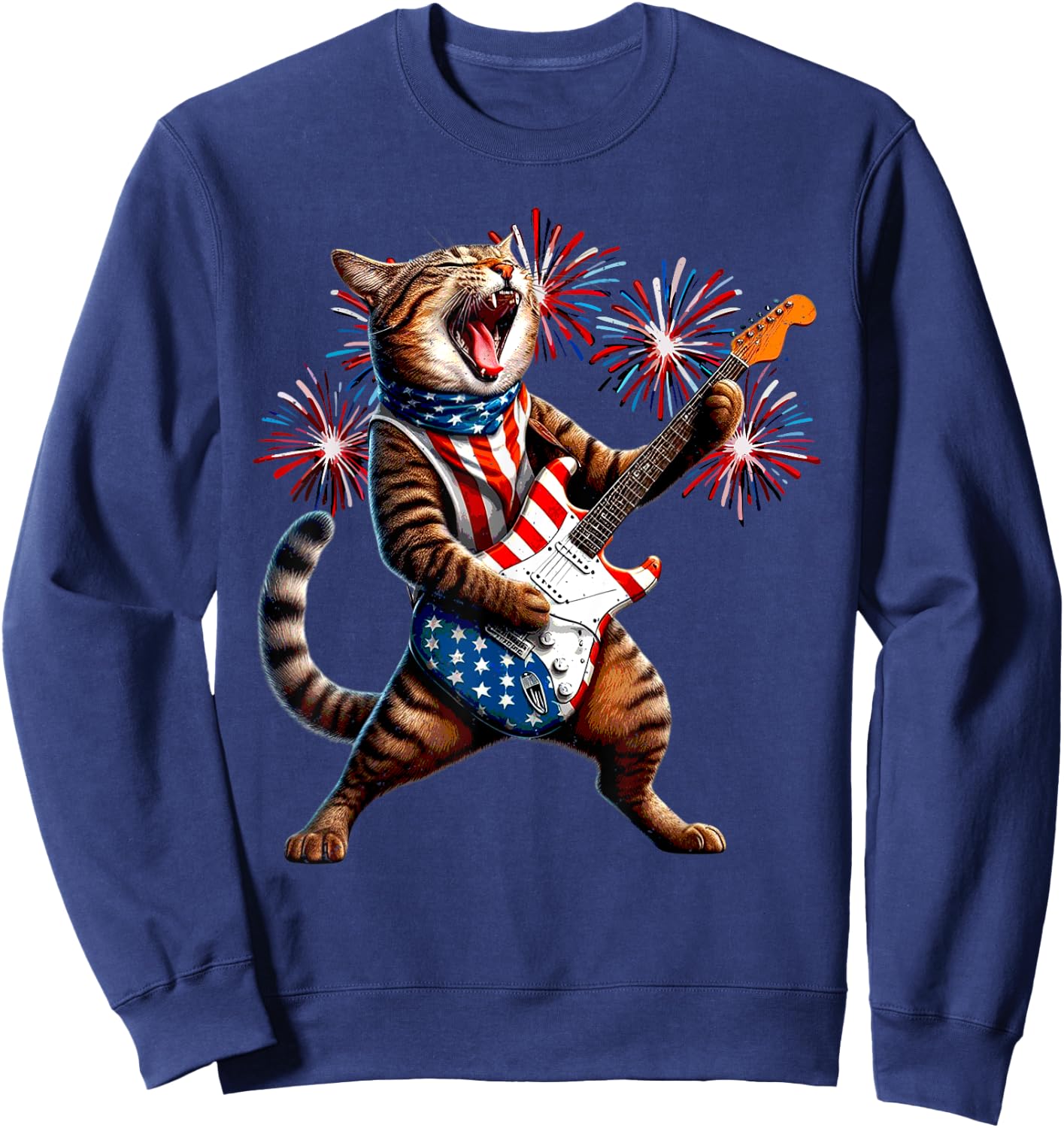 Cat Playing Guitar American Flag 4th Of July Patriotic Women Kids Sweatshirt - Sweatshirt | Navy