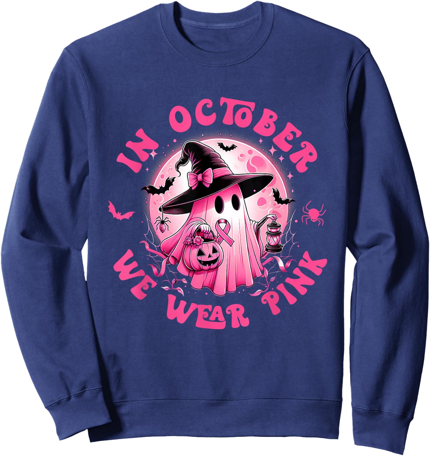 In October We Wear Pink Ghost Witch Breast Cancer Awareness Sweatshirt - Sweatshirt | Navy