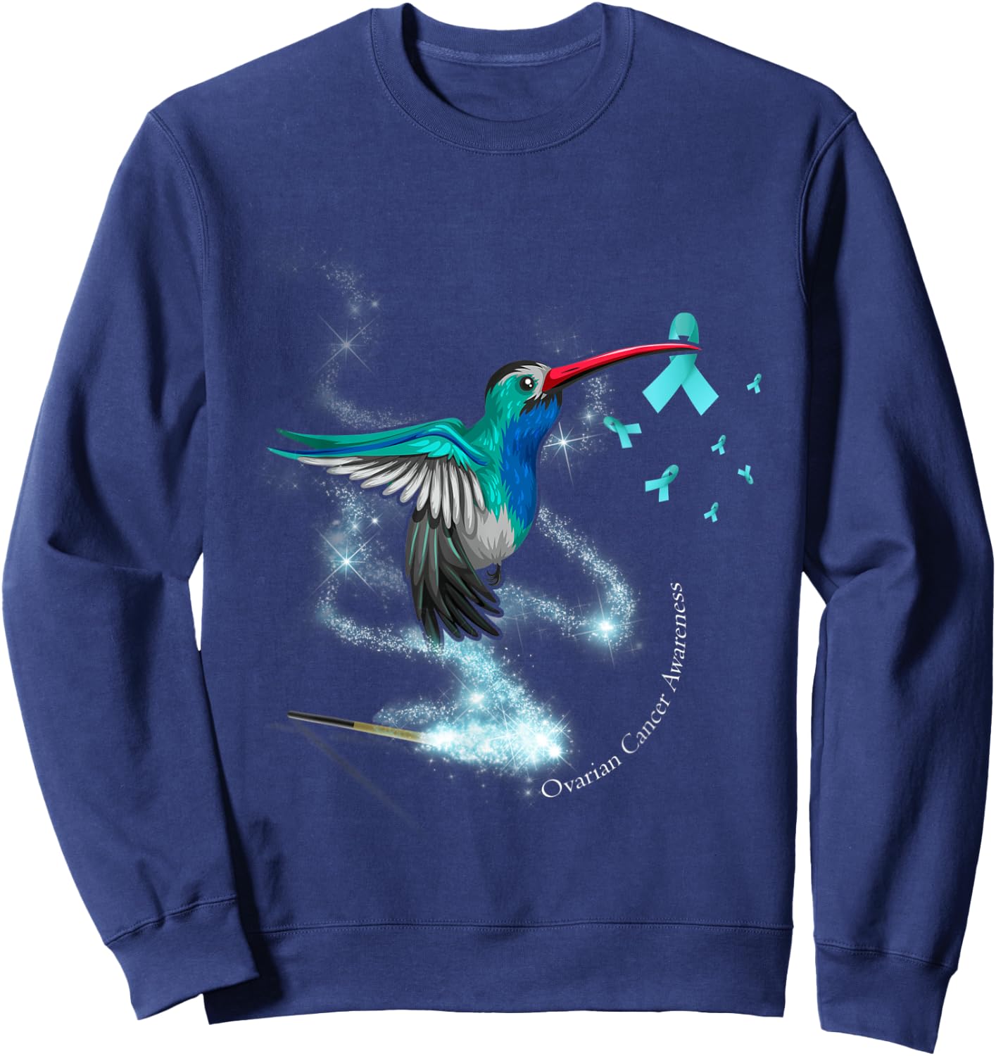 Hummingbird Holding Teal Ribbon Ovarian Cancer Awareness Sweatshirt - Sweatshirt | Navy