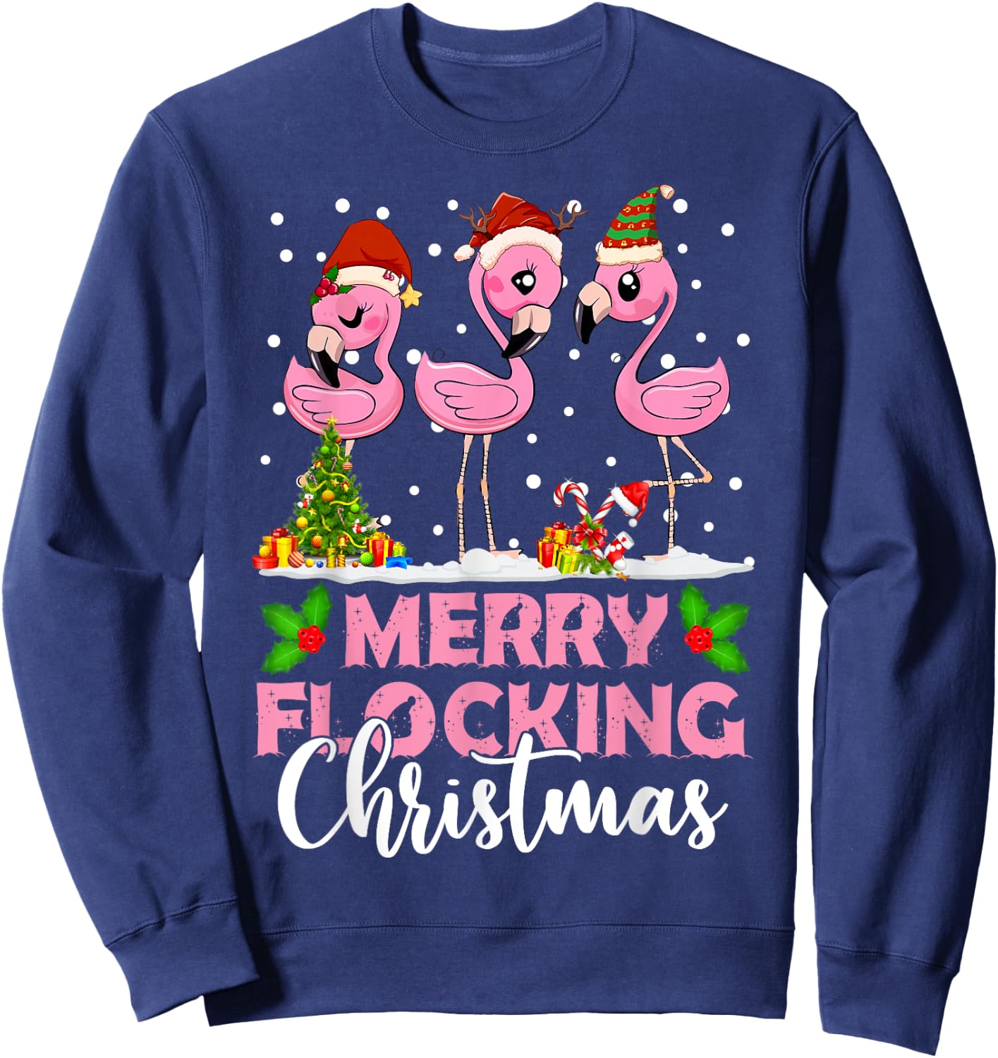 Merry Flocking Christmas Funny Pink Flamingo Santa Hat Sweatshirt - Sweatshirt | Navy