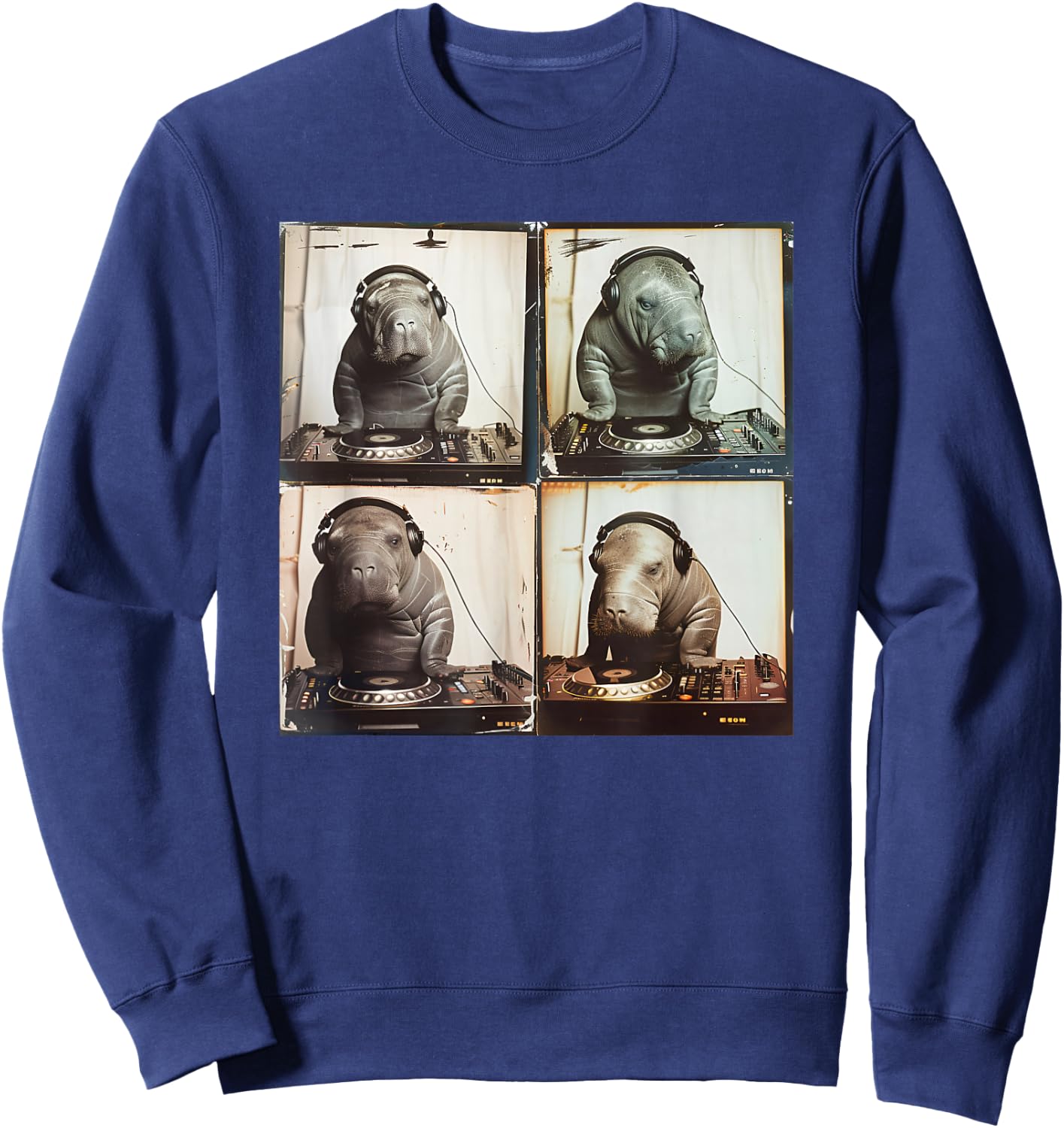 EDM DJ Manatee On Decks Vinyl Turntable Funny Manatee Sweatshirt - Sweatshirt | Navy