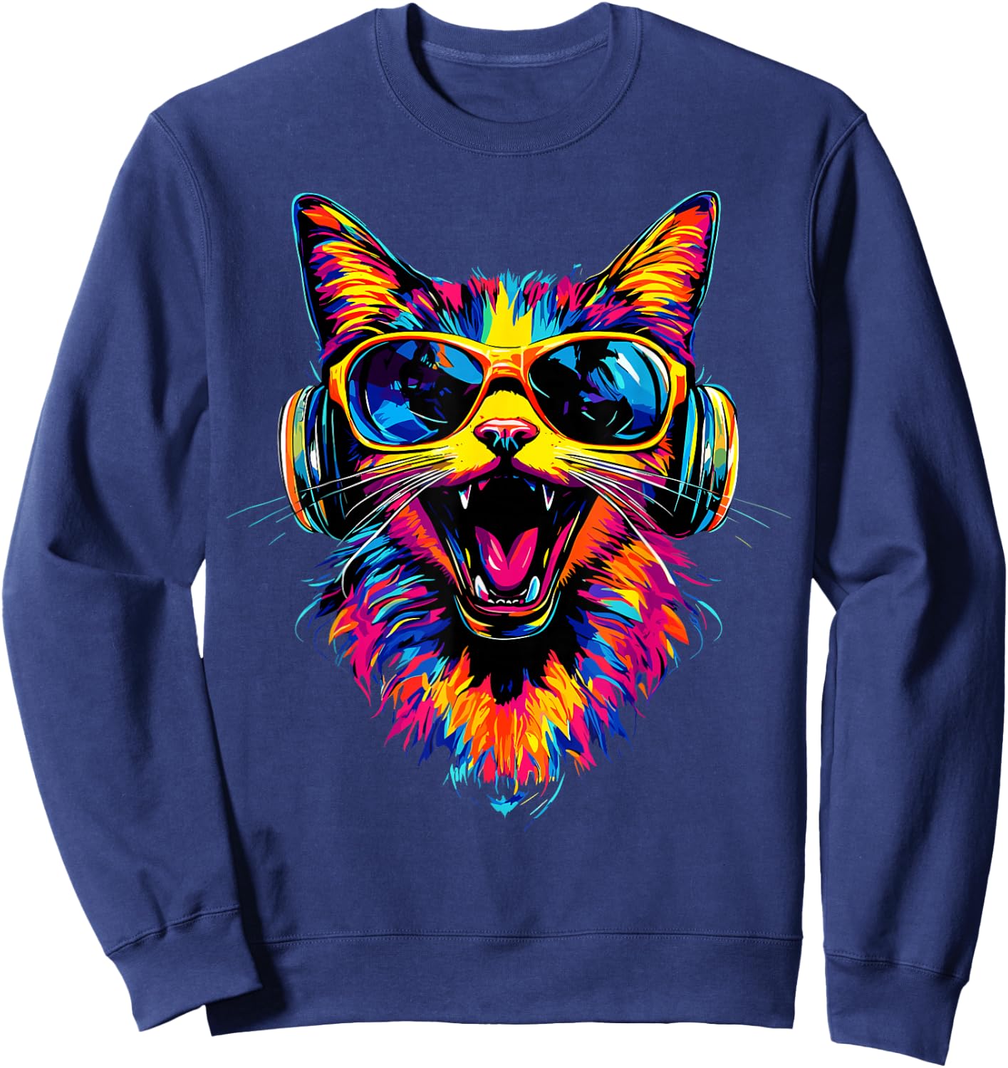 Cat Sunglasses Helmet Colorful Rainbow Cats , Black, S Sweatshirt - Sweatshirt | Navy