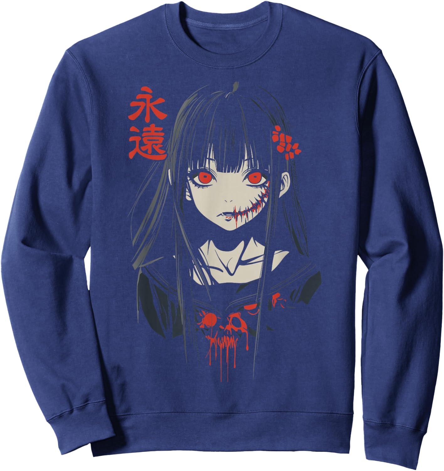 Anime Horror Girl Aesthetic Soft Grunge Waifu Japanese Girl Sweatshirt - Sweatshirt | Navy