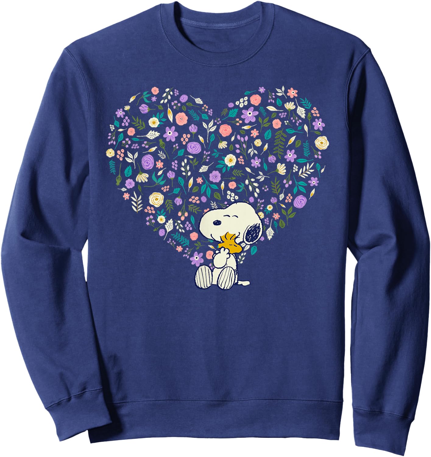 Peanuts Snoopy & Woodstock Hug Heart Floral Sweatshirt - Sweatshirt | Navy