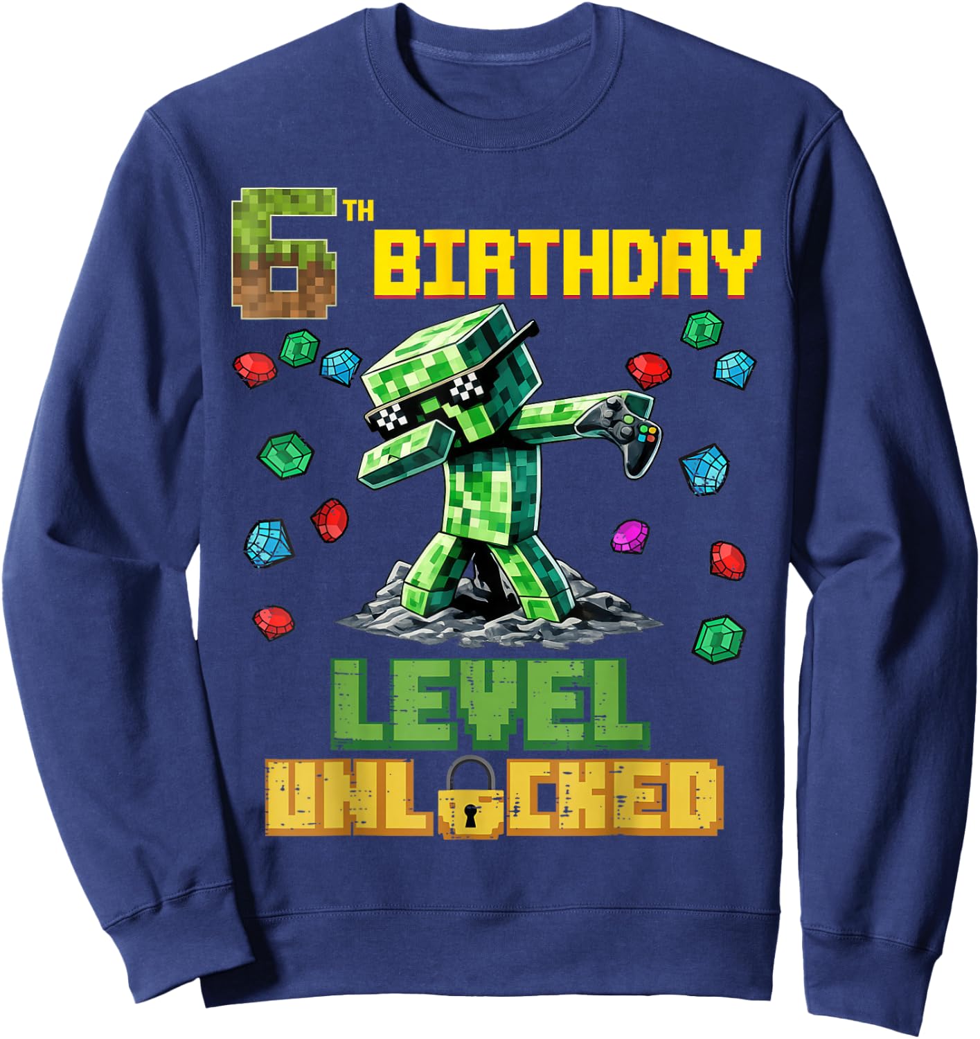 6th Birthday Level Unlocked Pixel Dab 6 Bday Gamer Boys Kids Sweatshirt - Sweatshirt | Navy