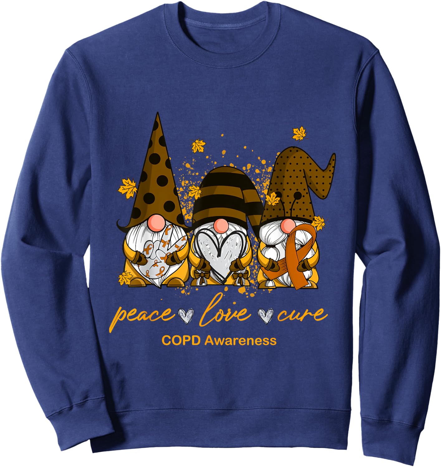 Peace Love Cure Three Gnomes Orange Ribbon COPD Awareness Sweatshirt - Sweatshirt | Navy