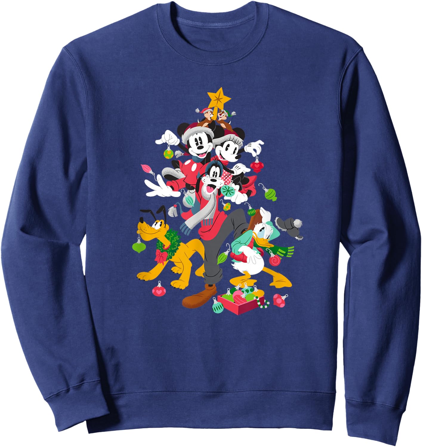 Disney Mickey Minnie Goofy Pluto Chip Dale Christmas Tree Sweatshirt - Sweatshirt | Navy