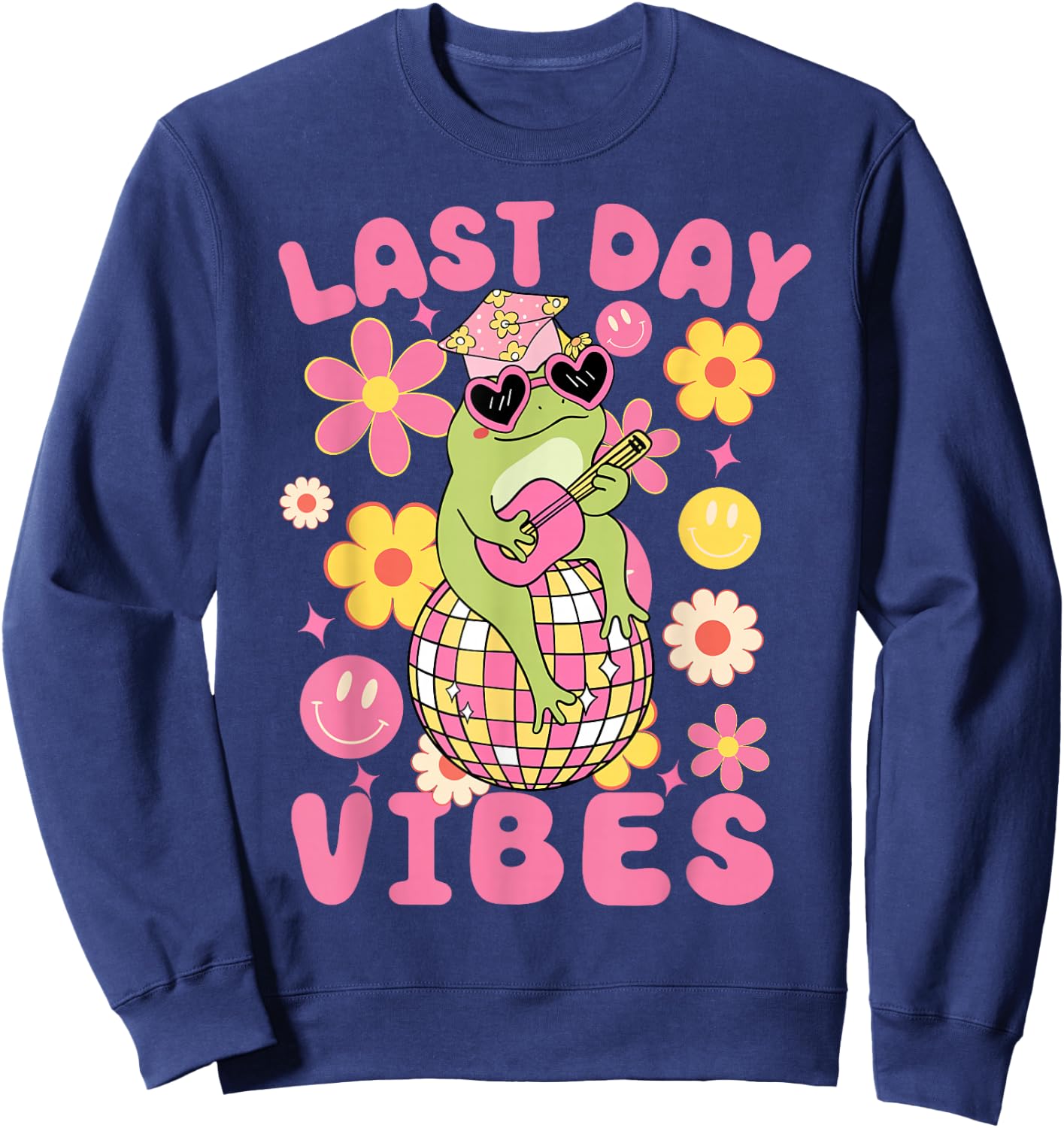 Last Day Of School Vibes-Groovy Frog and Flowers Girls Kids Sweatshirt - Sweatshirt | Navy