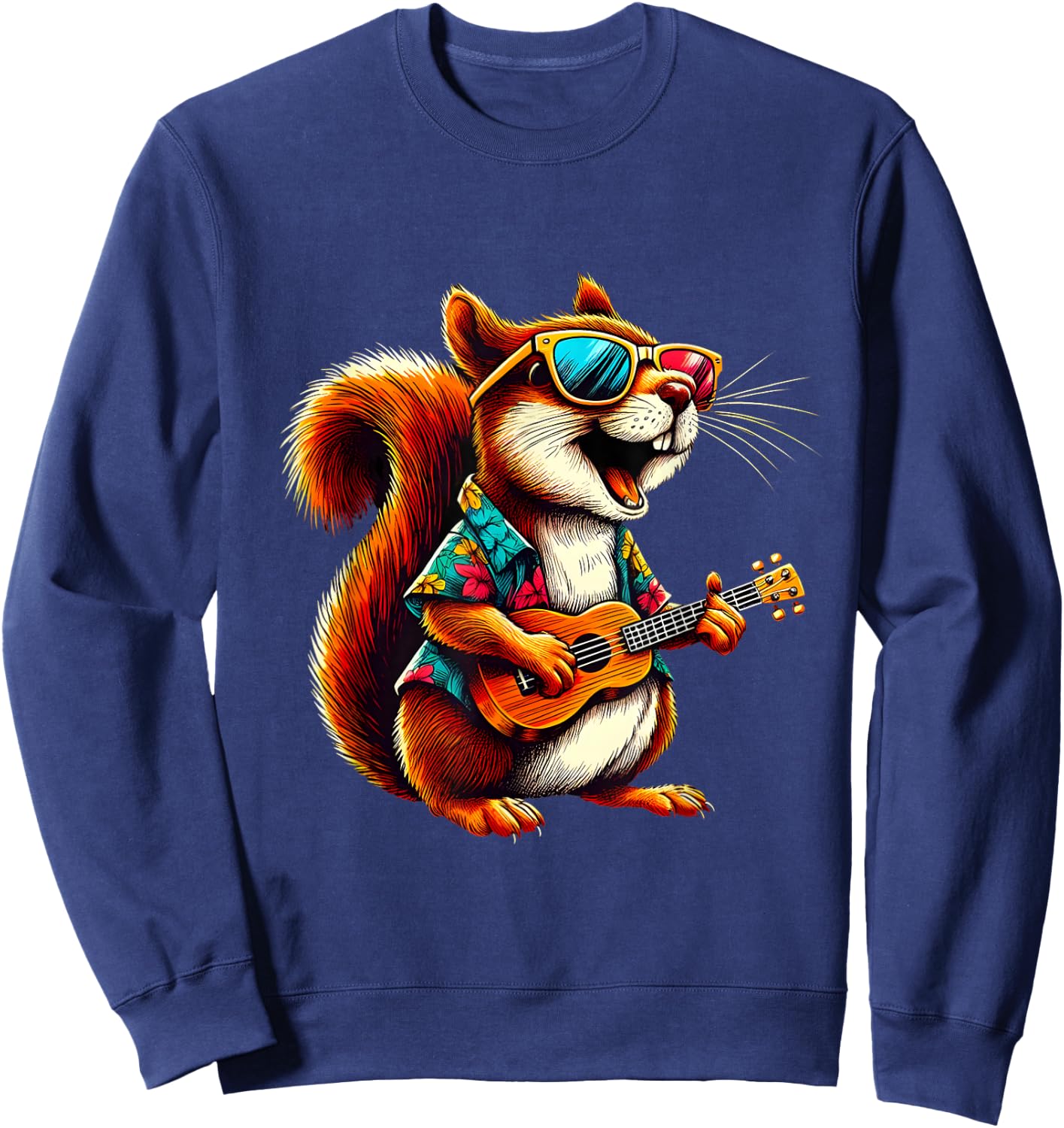 Squirrel Wearing a Hawaiian Shirt, Playing a Ukulele Sweatshirt - Sweatshirt | Navy