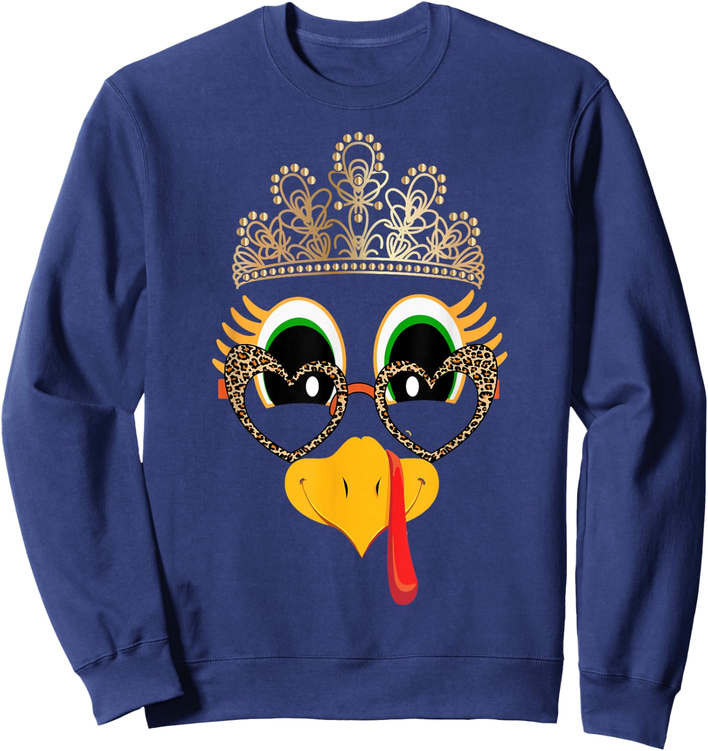 Turkey Face Girl Glasses Leopard With Crown Bow Thanksgiving Sweatshirt - Sweatshirt | Navy