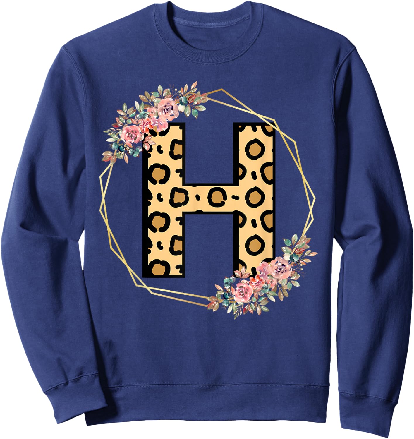 Leopard Letter H Initial Flower Monogram Women Girls Sweatshirt - Sweatshirt | Navy