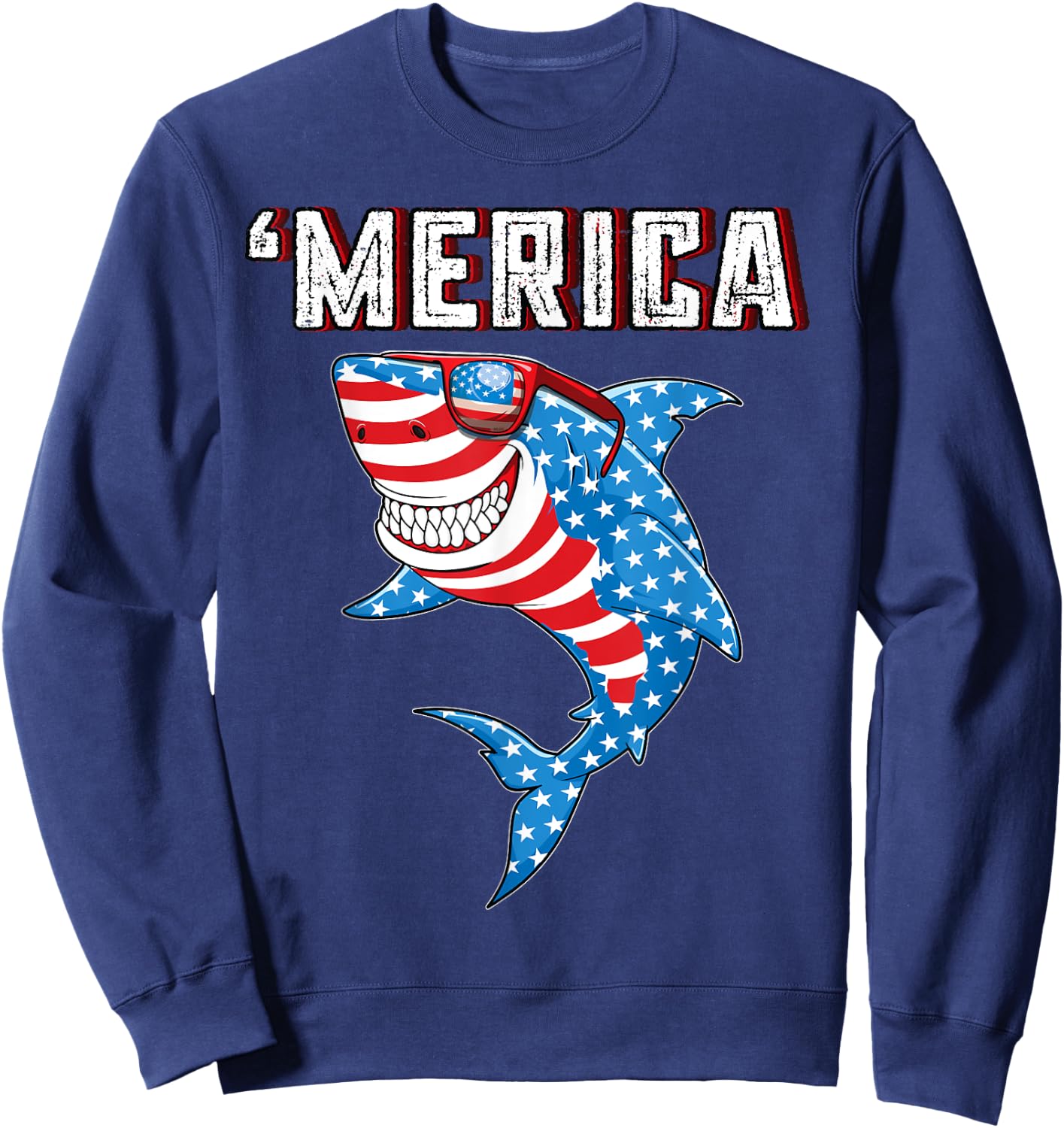 Merica American Flag Men Funny Boys Shark 4th of July Sweatshirt - Sweatshirt | Navy