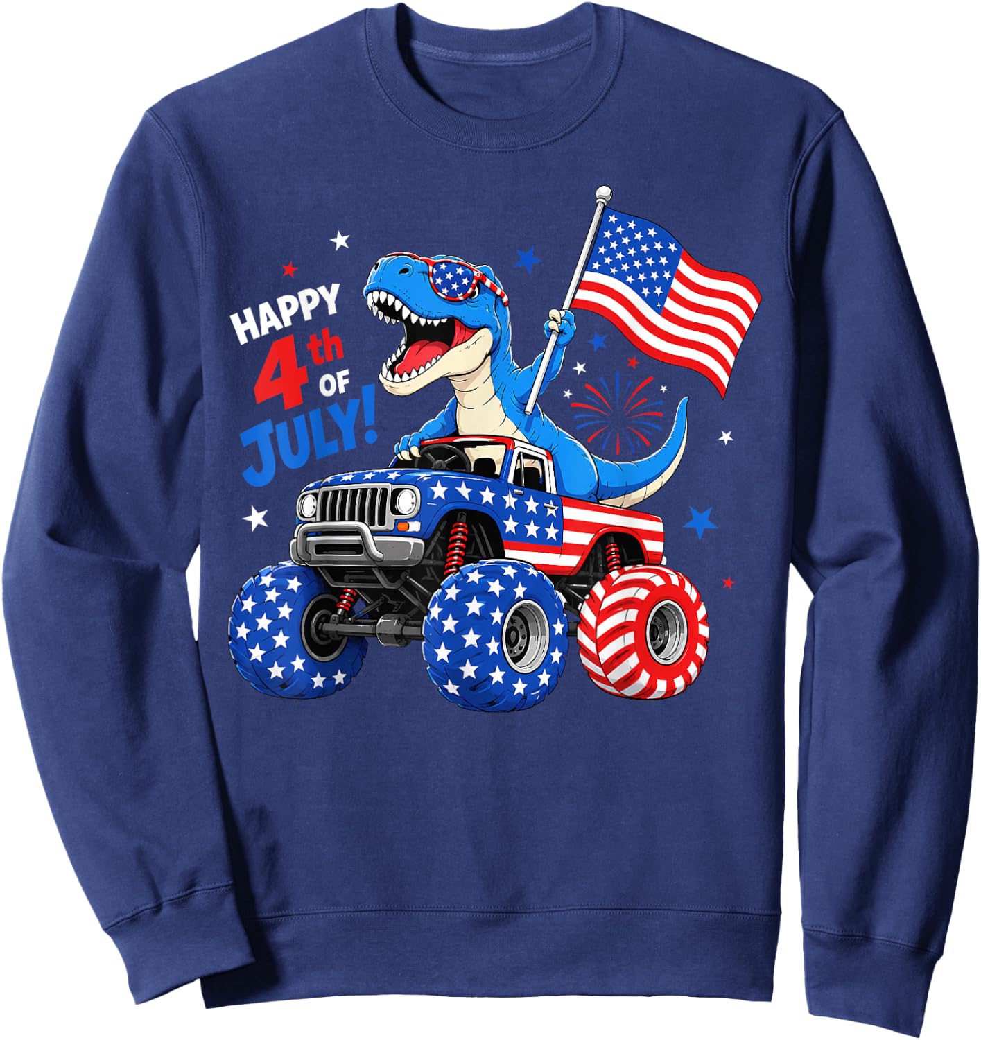 Patriotic Dinosaur Monster Truck 4th of July Toddler Boys Sweatshirt - Sweatshirt | Navy