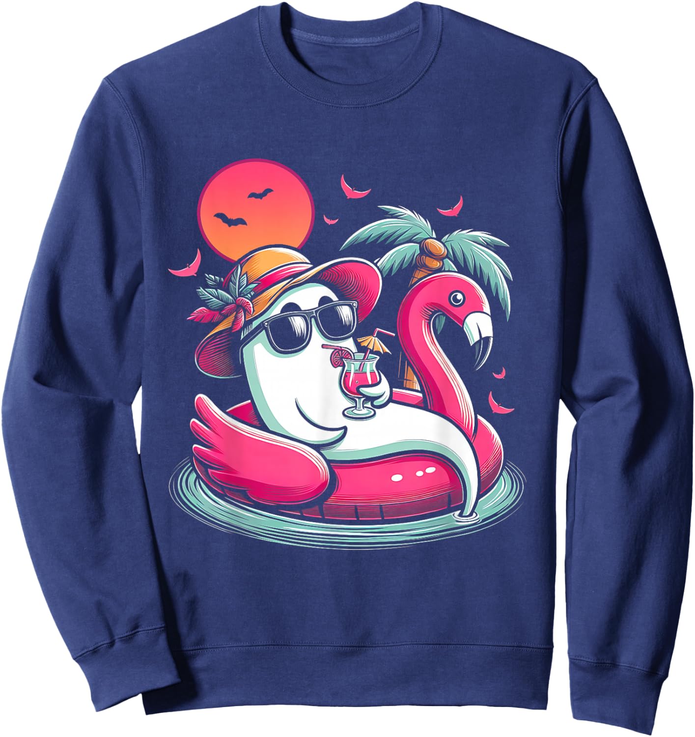 Ghost In Lifebuoy Flamingo On A Pool Float Summer ween Sweatshirt - Sweatshirt | Navy