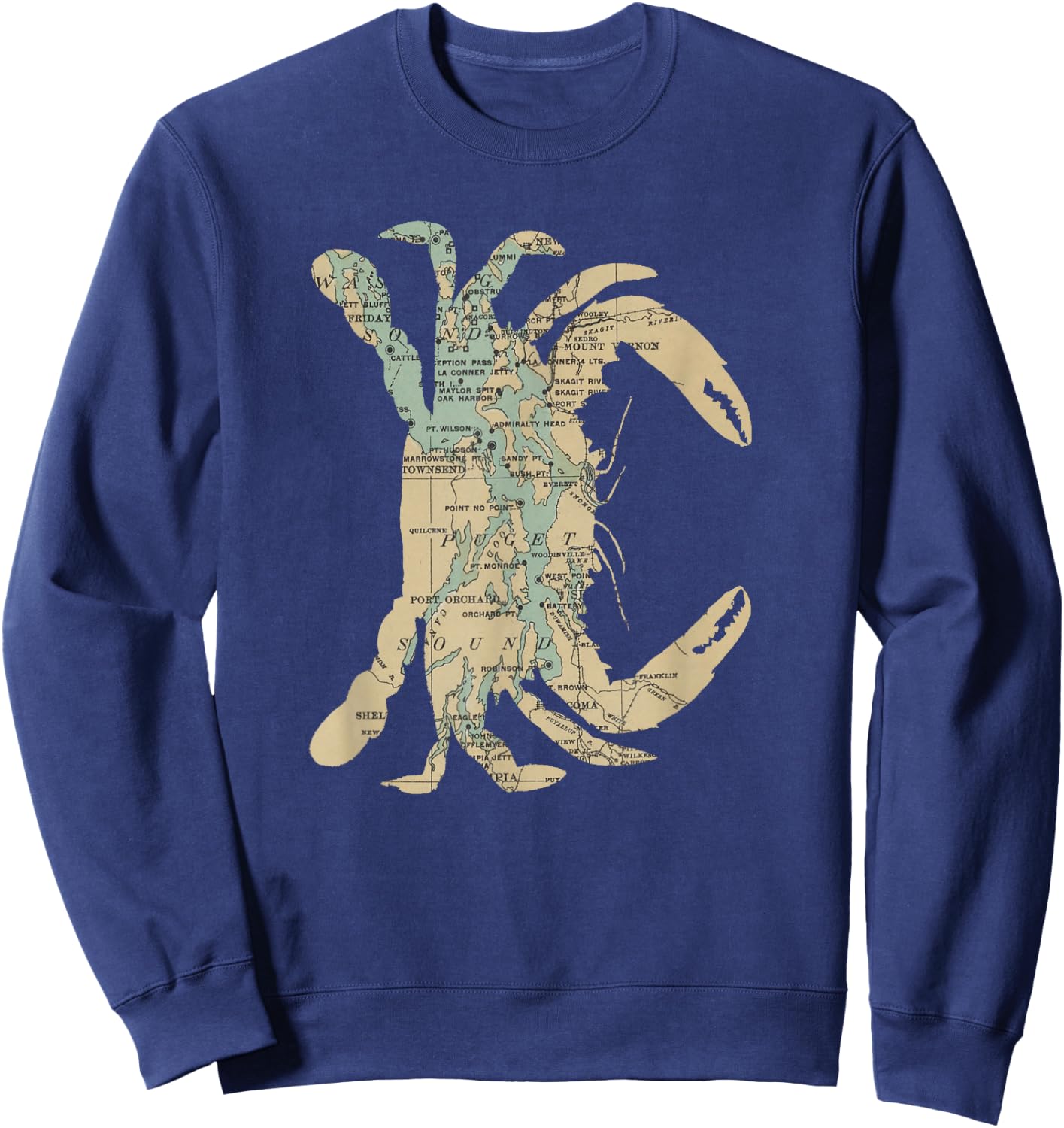 Puget Sound Washington State Crab Silhouette Map Sweatshirt - Sweatshirt | Navy