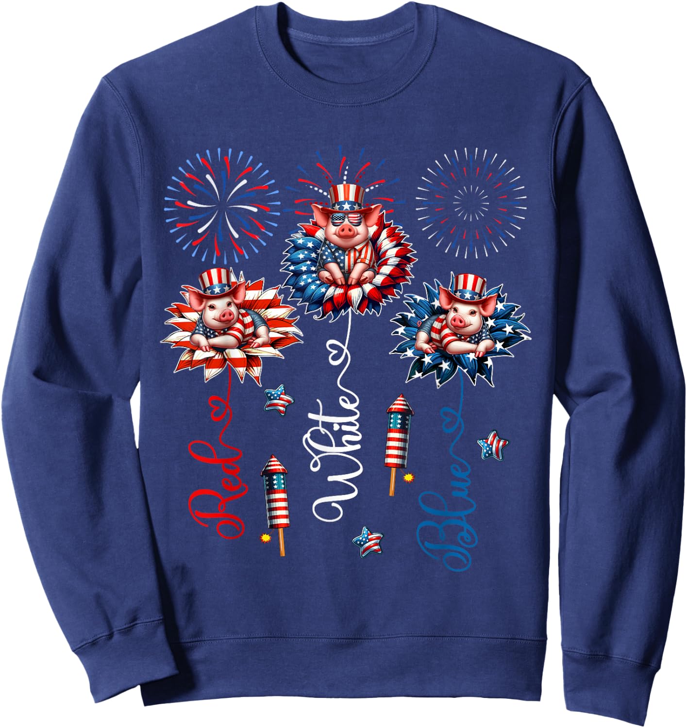 Red Blue White Three Cute Pigs On Floral 4th July Patriotic Sweatshirt - Sweatshirt | Navy