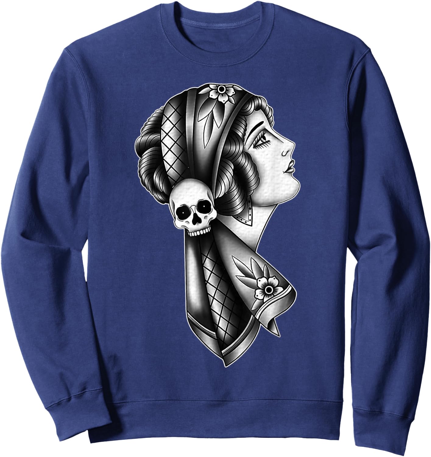 Gypsy Woman Skull American Traditional Tattoo Flash Sweatshirt - Sweatshirt | Navy