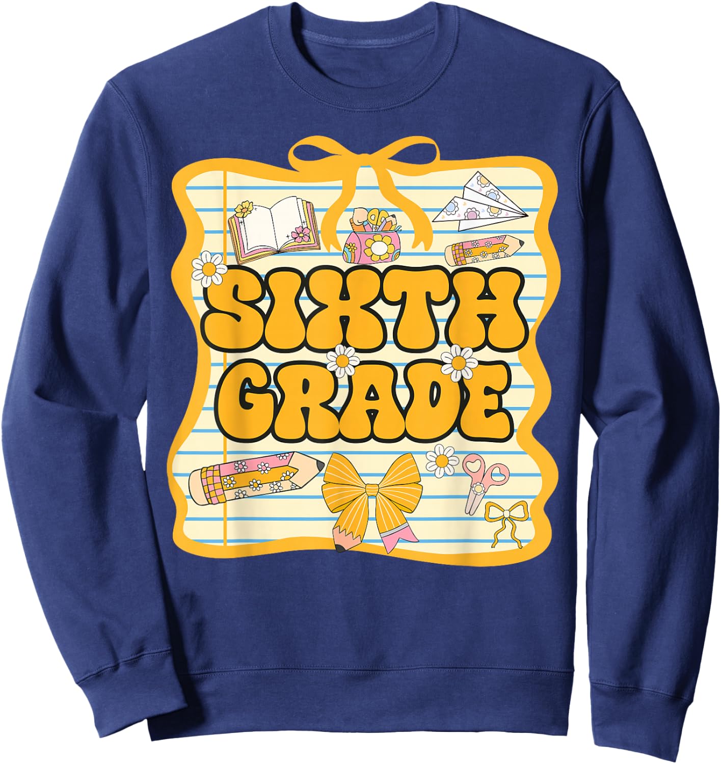Sixth Grade Back To School Kids Girls Bow 6th Grade Groovy Sweatshirt - Sweatshirt | Navy