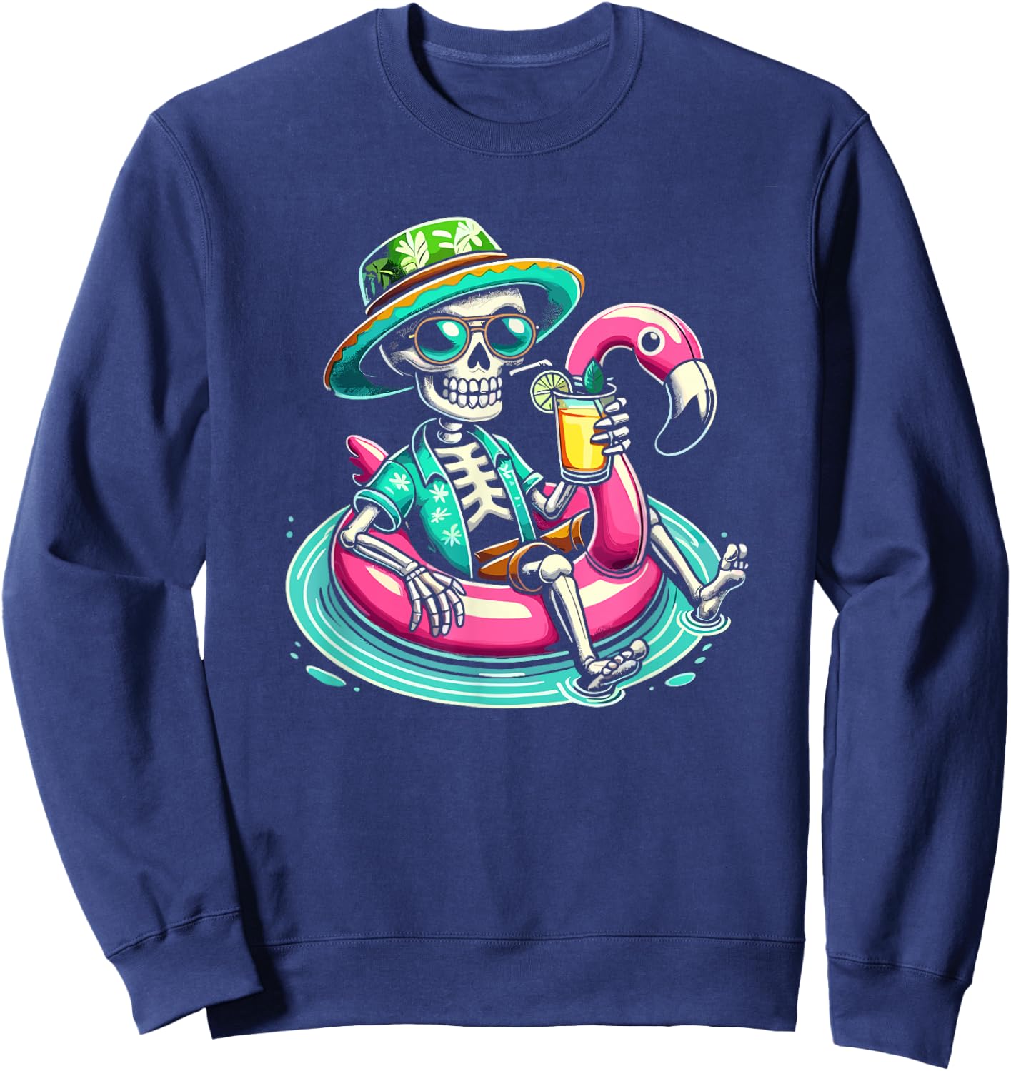 Skeleton Relaxing On Flamingo Float Beach Vibes Halloween Women Kids Sweatshirt - Sweatshirt | Navy