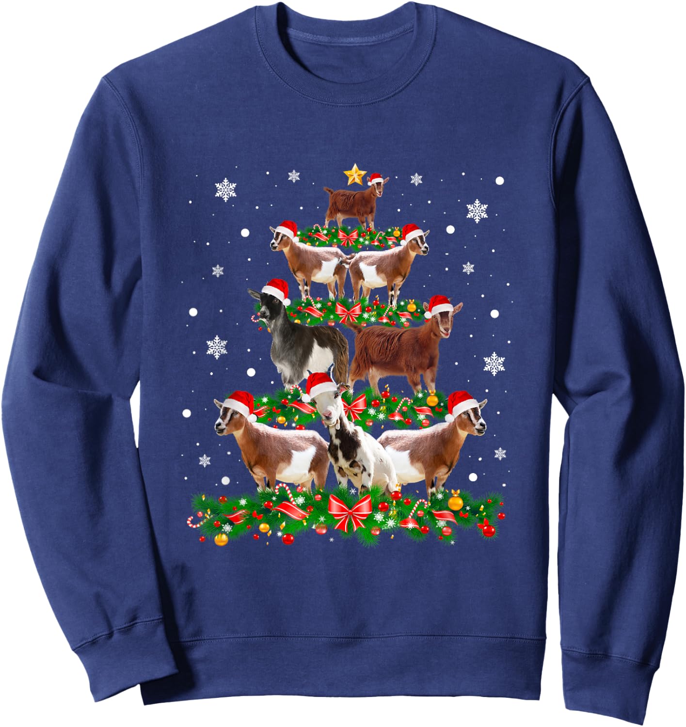 Goat Christmas Pajama Shirt Xmas Goats Tree Lights Santa Hat Sweatshirt - Sweatshirt | Navy