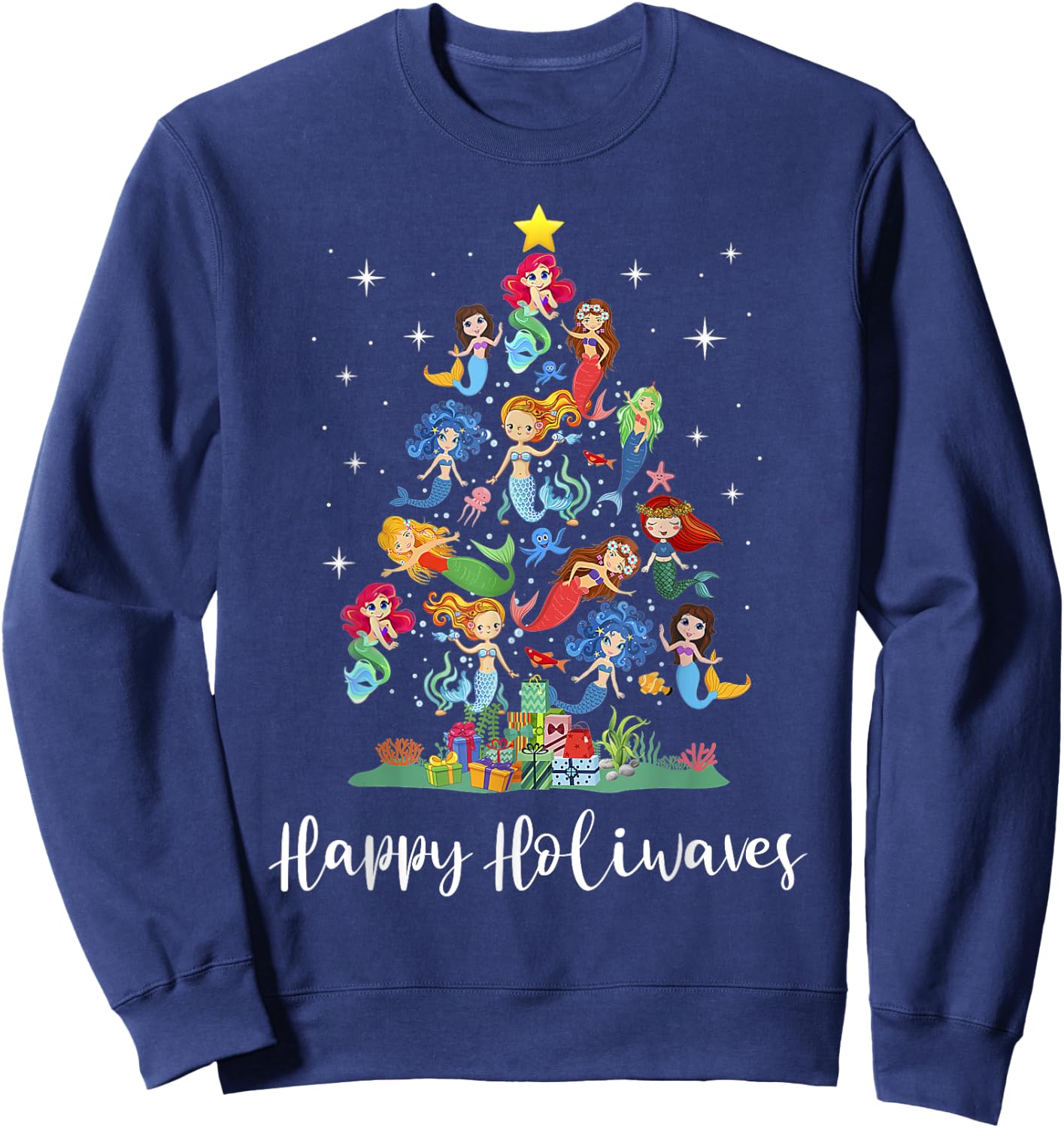 Mermaid Christmas Tree Happy Holiwaves Mermaid Lover Women Sweatshirt - Sweatshirt | Navy